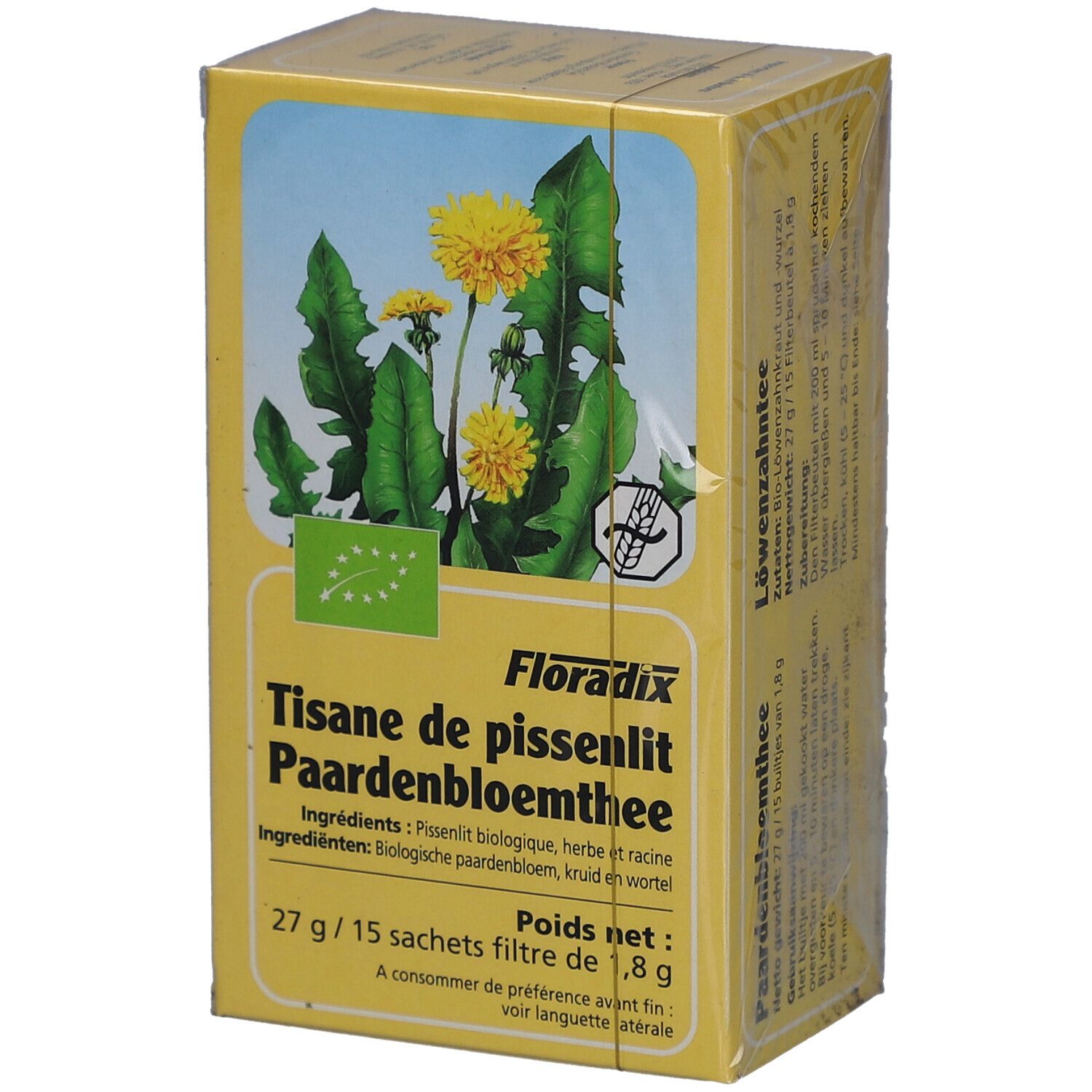 Boîte jaune avec motif floral et texte. Contient "Tisane de pissenlit Paardenbloemthee". Label bio visible. 27g/15 sachets.