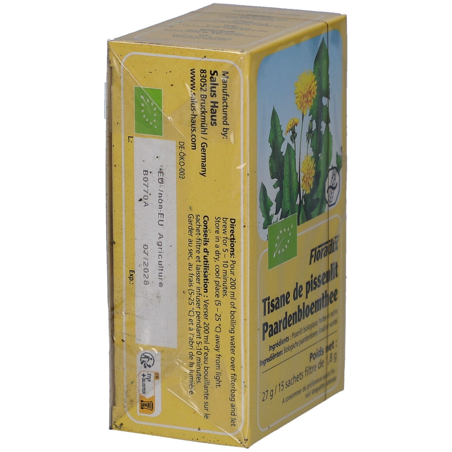 Boîte jaune, vue latérale. Texte: "Salus Haus". Label bio. Contient "Tisane de pissenlit Paardenbloemthee". Date de péremption visible.