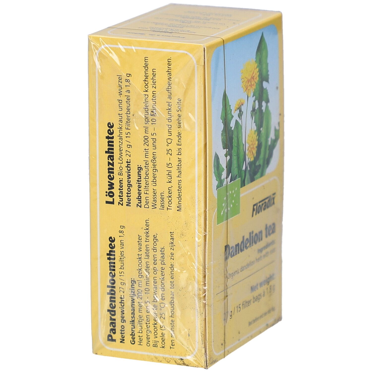 Boîte jaune, vue latérale. Texte: "Löwenzahnthee" et "Paardenbloemthee". Poids net: 27g/15 sachets. Instructions de préparation.