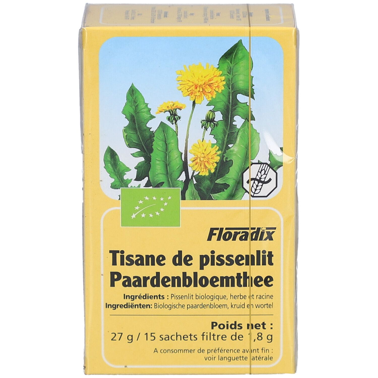 Boîte jaune avec motif floral et texte. Contient "Tisane de pissenlit Paardenbloemthee". Label bio visible. 27g/15 sachets.