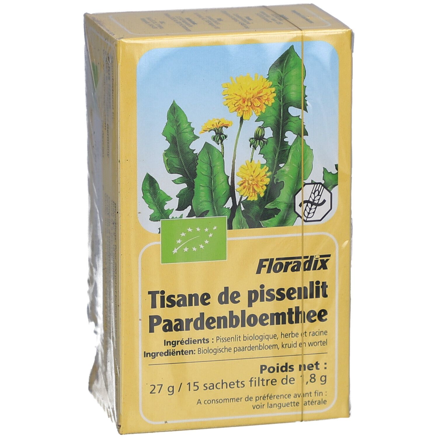 Boîte jaune avec motif floral et texte. Contient "Tisane de pissenlit Paardenbloemthee". Label bio visible. 27g/15 sachets.