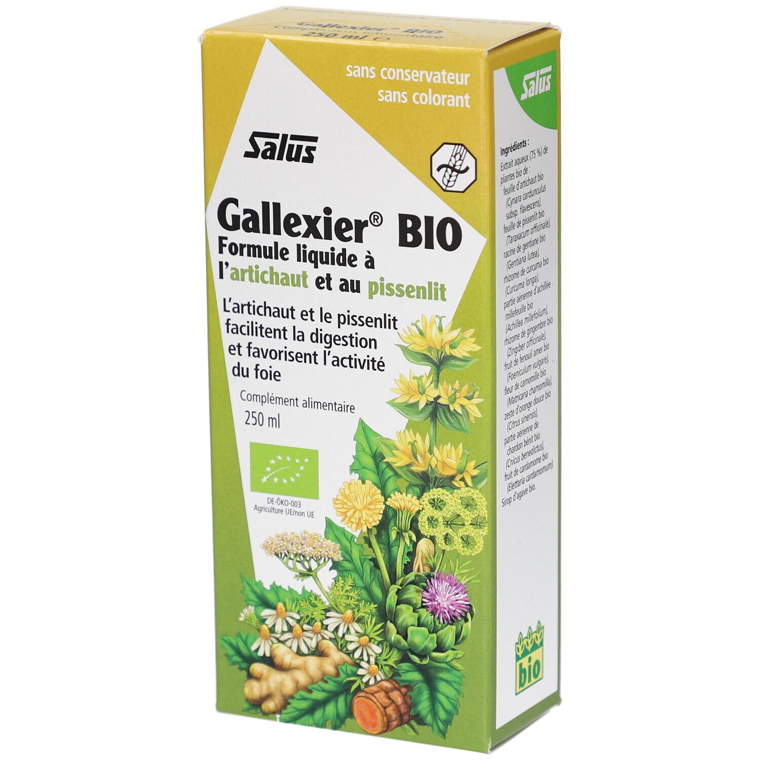 Boîte de Gallexier BIO. Face avant avec nom du produit, illustrations florales et label bio. 250 ml.