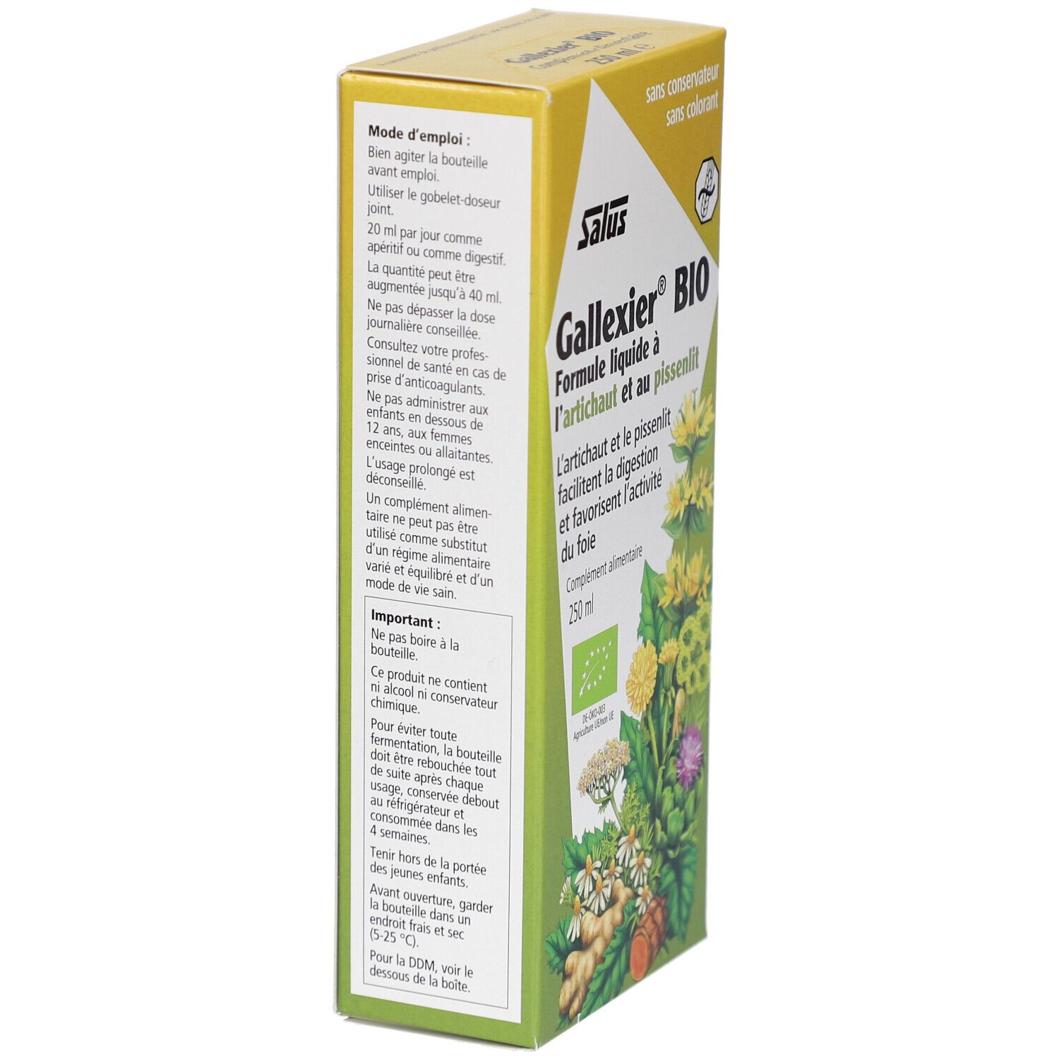 Boîte de Gallexier BIO. Vue latérale avec texte, label bio et nom du produit. 250 ml.