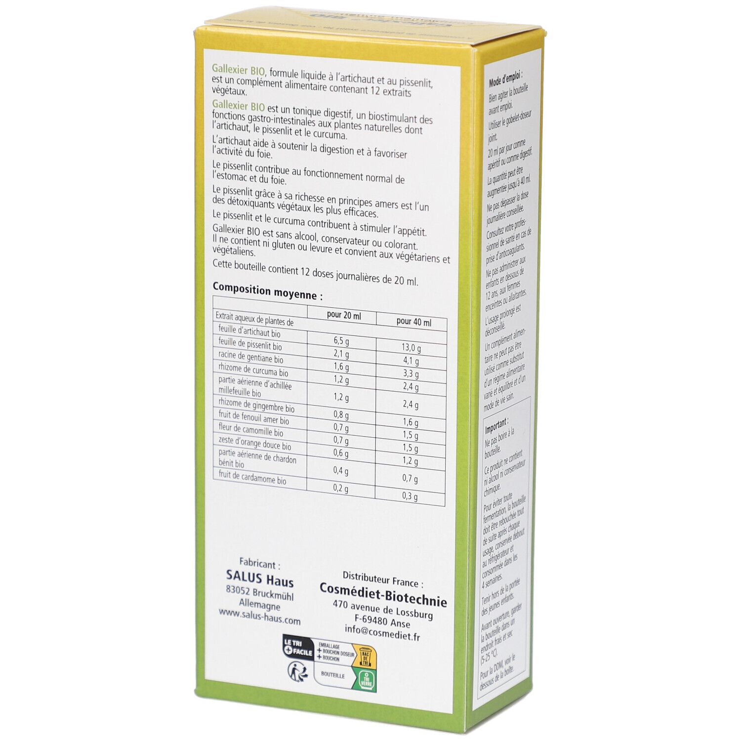 Boîte de Gallexier BIO. Dos avec tableau des ingrédients et informations sur le produit. 250 ml.