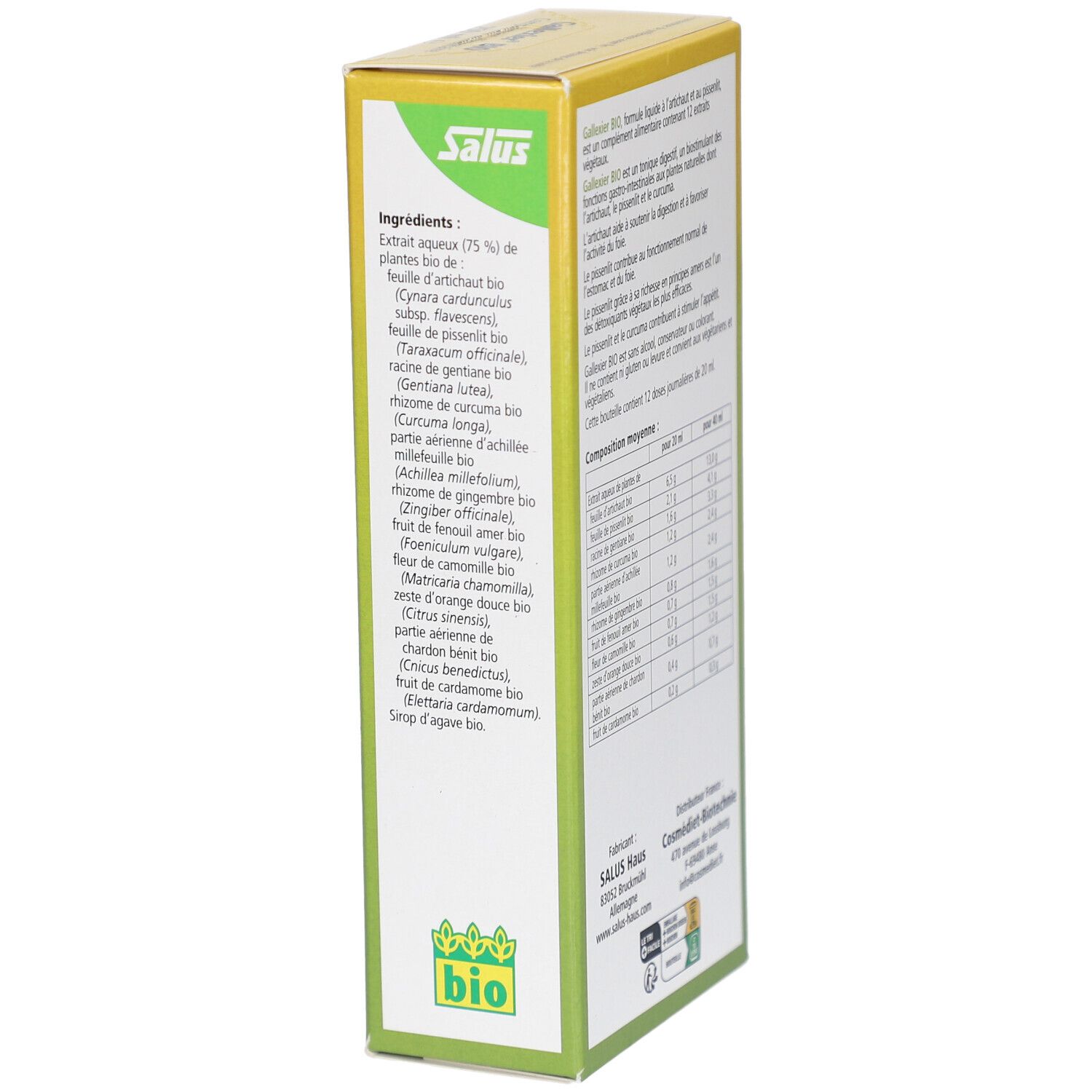 Boîte de Gallexier BIO. Vue latérale avec liste des ingrédients et informations. 250 ml.