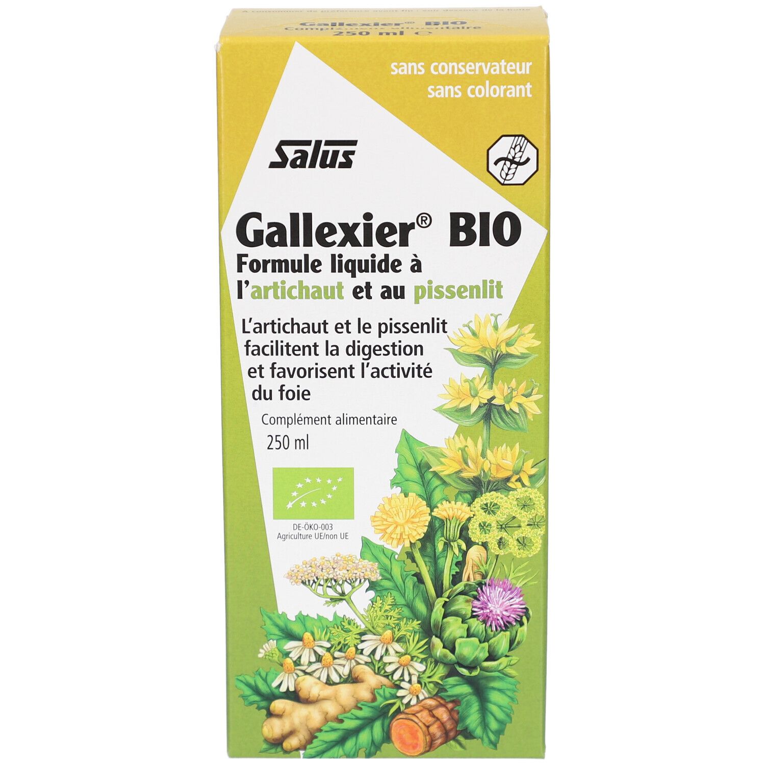 Boîte de Gallexier BIO. Vue de face avec nom du produit, illustrations florales et label bio. 250 ml.