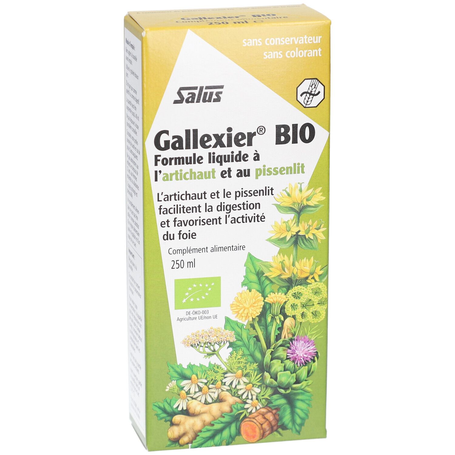 Boîte de Gallexier BIO. Vue de face avec nom du produit, illustrations florales et label bio. 250 ml.