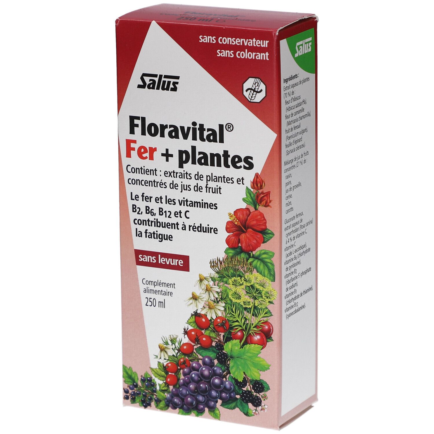 Boîte en carton rouge et blanc. Inscription: Salus, Floravital Fer + plantes. Contient extraits et concentrés de jus de fruits. Sans levure.