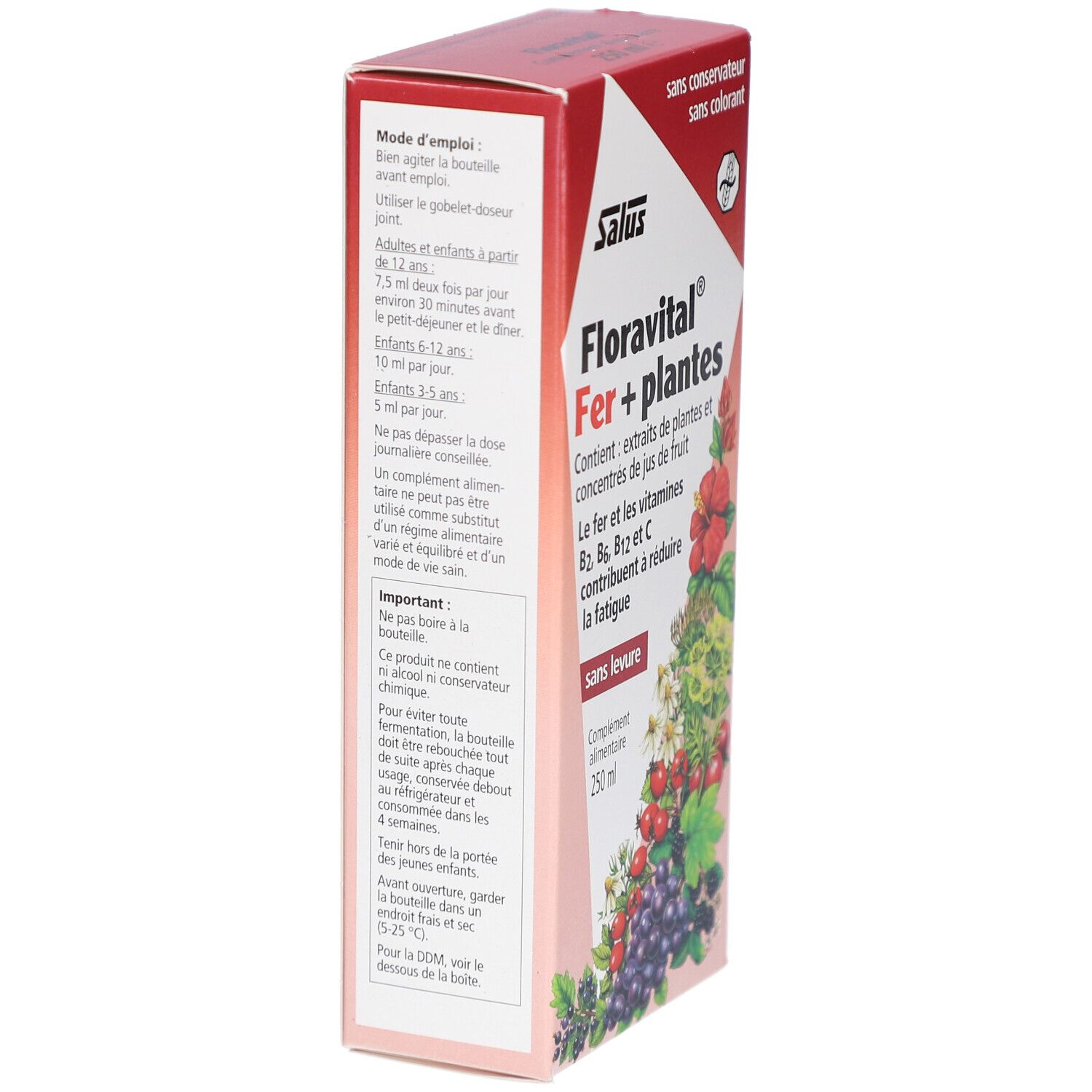 Boîte en carton rouge et blanc. Sur le côté: mode d'emploi, dosage pour adultes et enfants. Sans conservateur ni colorant.