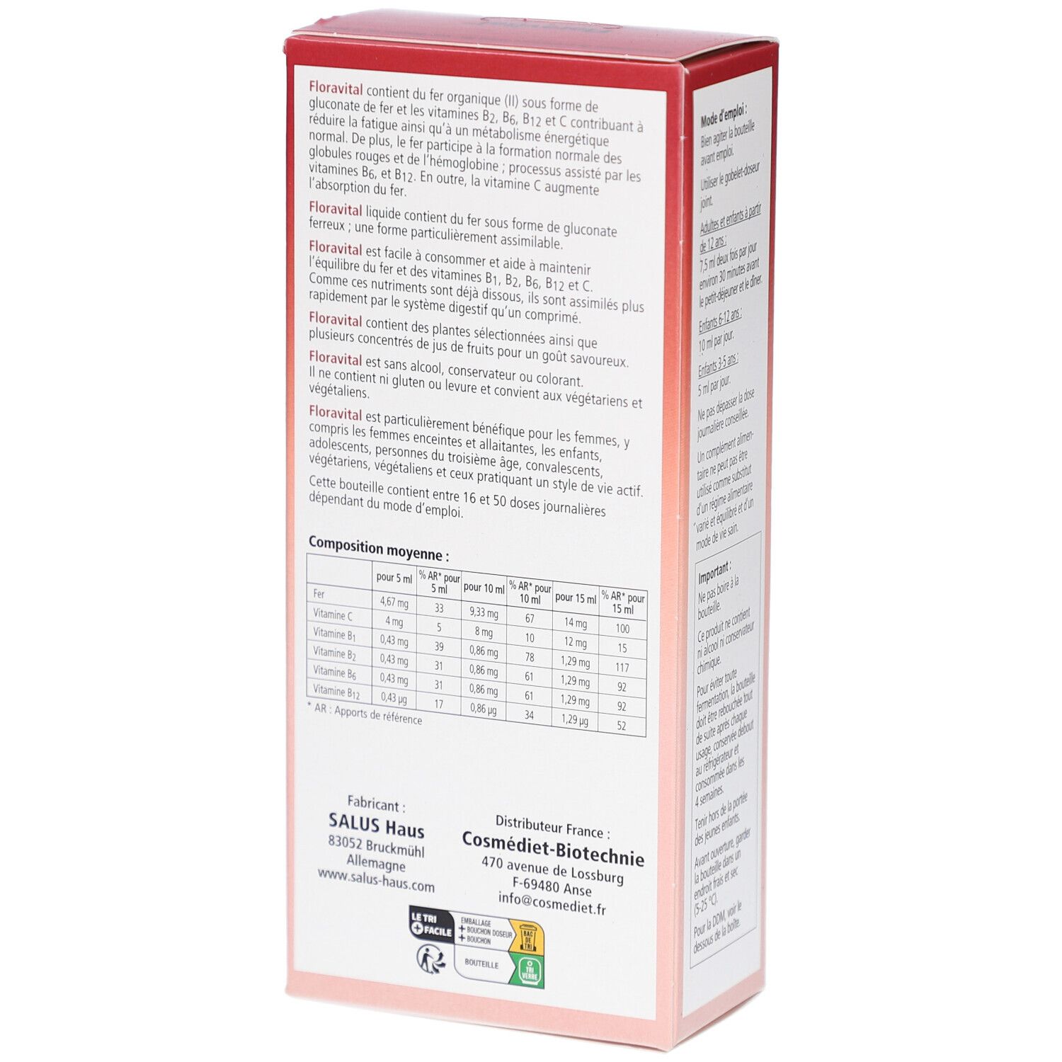 Boîte en carton rouge et blanc. Sur le côté: informations sur la composition et les ingrédients. Informations sur le fabricant.