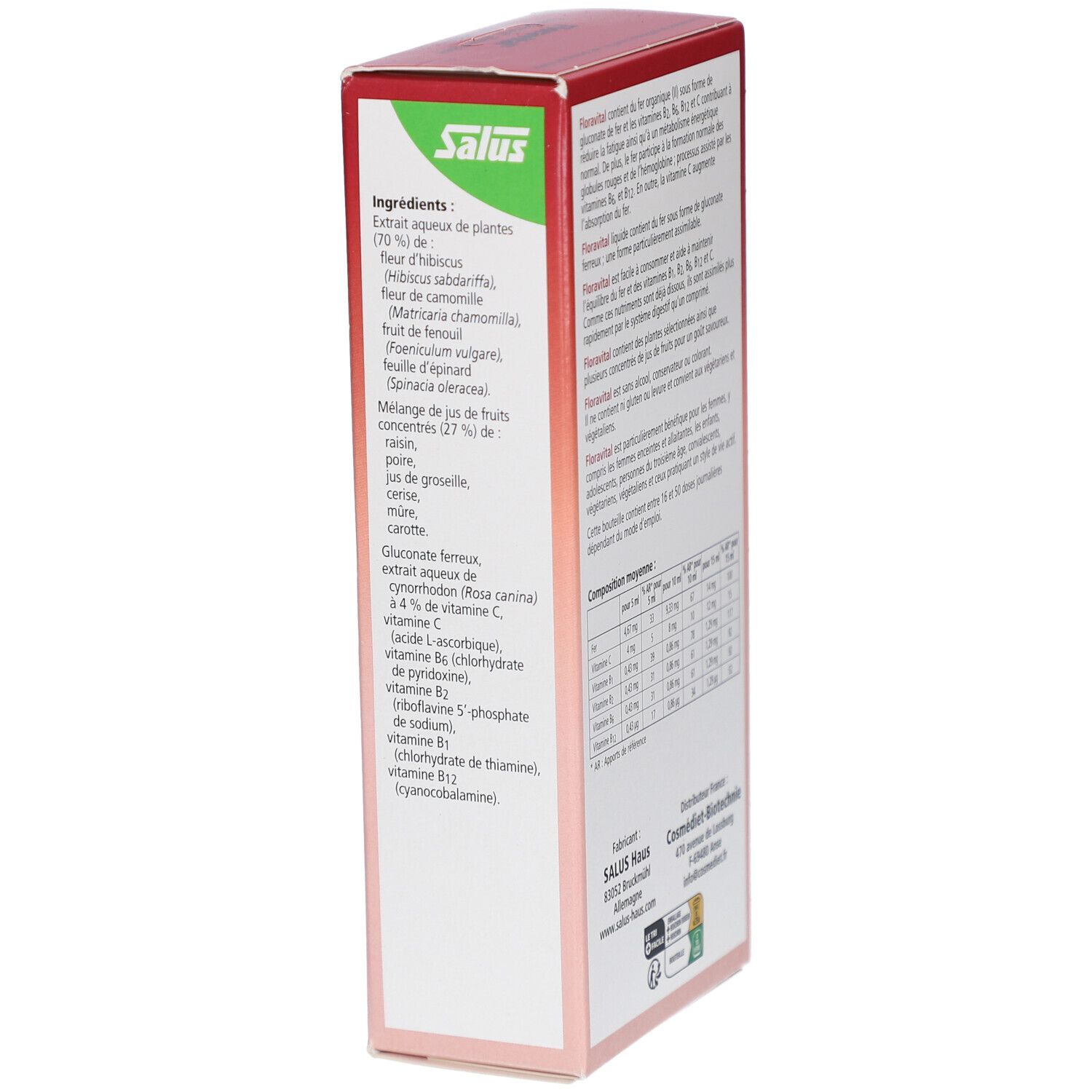 Boîte en carton rouge et blanc. Sur le côté: liste des ingrédients, tableau nutritionnel. Informations sur le fabricant.