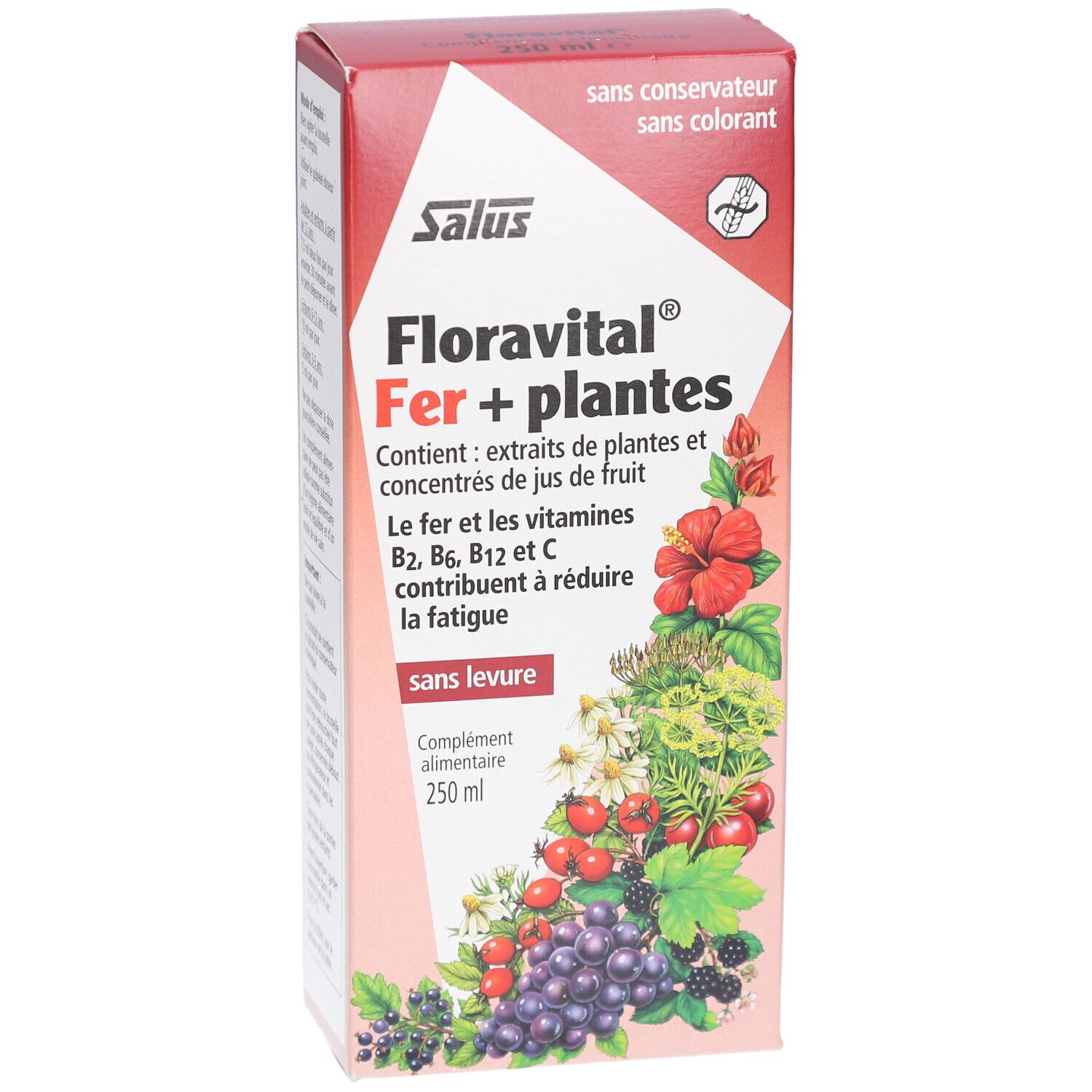 Boîte en carton rouge et blanc. Inscription: Salus, Floravital Fer + plantes. Contient extraits et concentrés de jus de fruits. Sans levure.