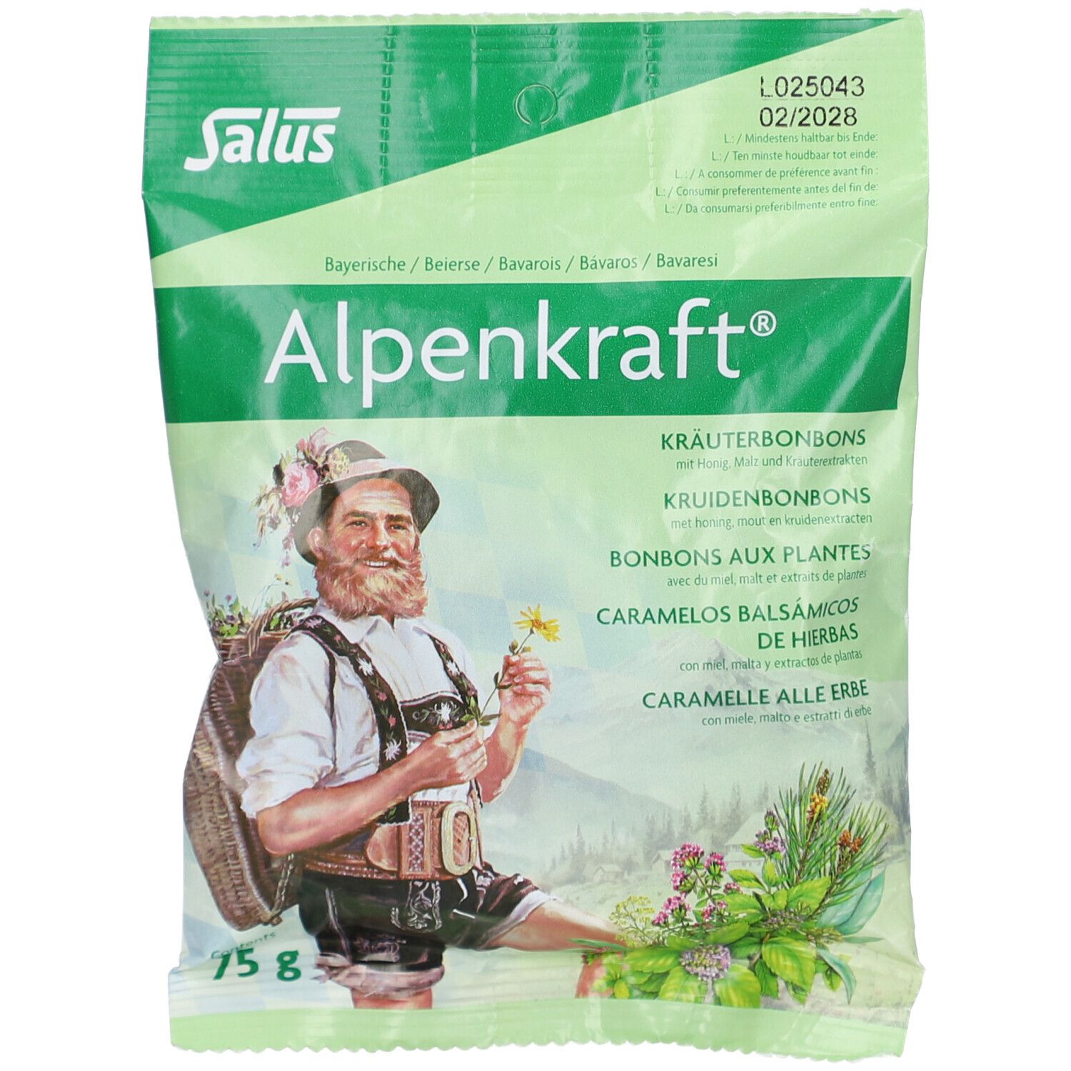 Sachet de bonbons aux herbes Alpenkraft. Design vert et blanc avec illustration d'un homme en costume traditionnel. 75 g.