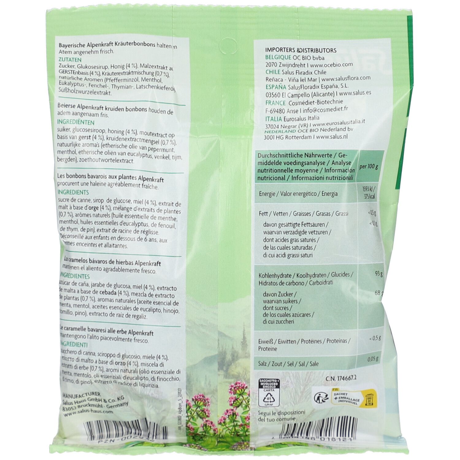 Dos du paquet de bonbons aux herbes Alpenkraft. Contient des informations nutritionnelles et des listes d'ingrédients en plusieurs langues.