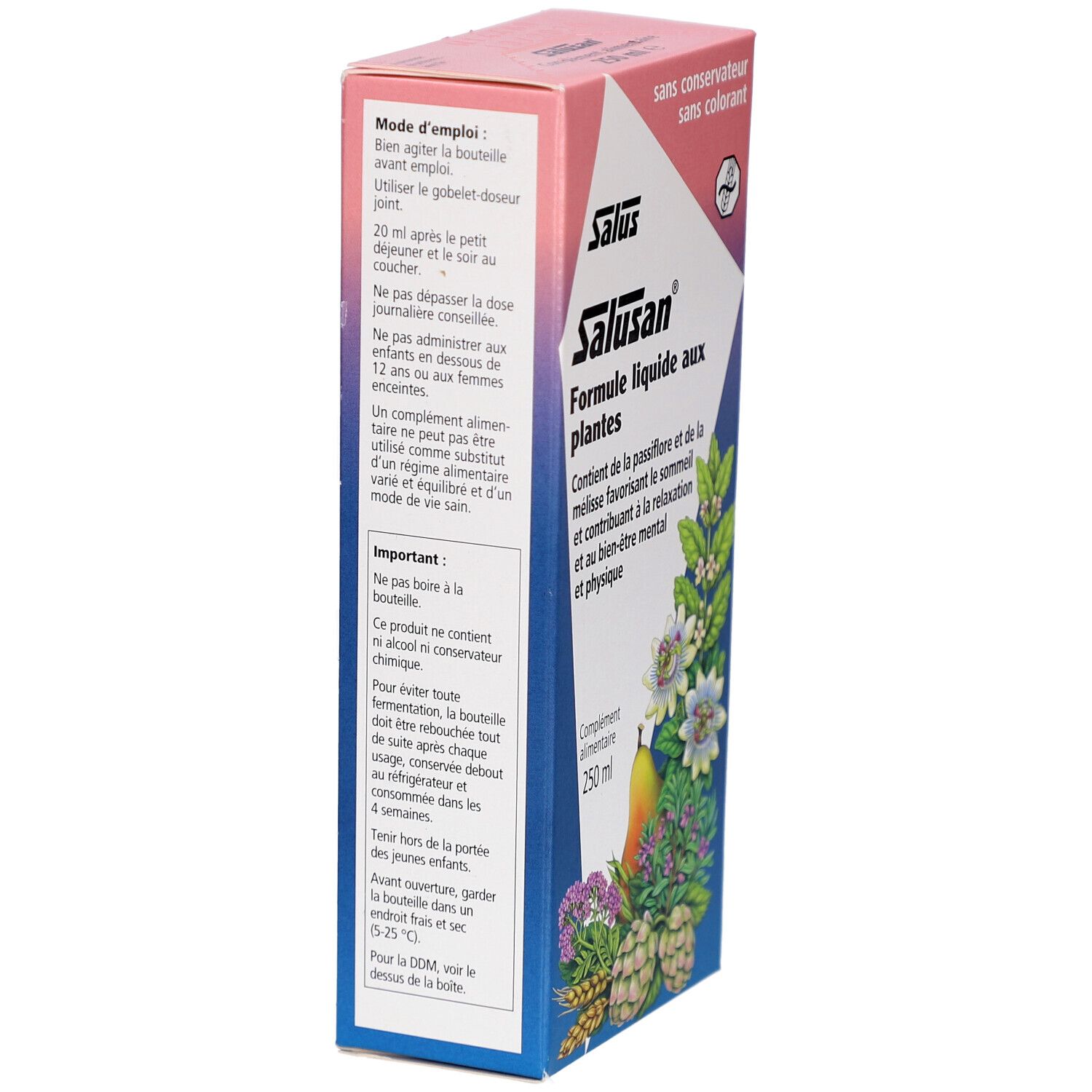 Dos de la boîte Salusan. Mode d'emploi et informations importantes. Sans alcool ni colorant.