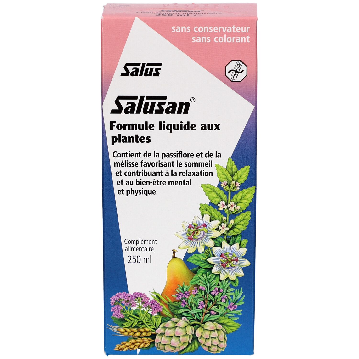 Boîte de Salusan. Inscription: Formule liquide aux plantes. Contient de la passiflore et de la mélisse. 250 ml.
