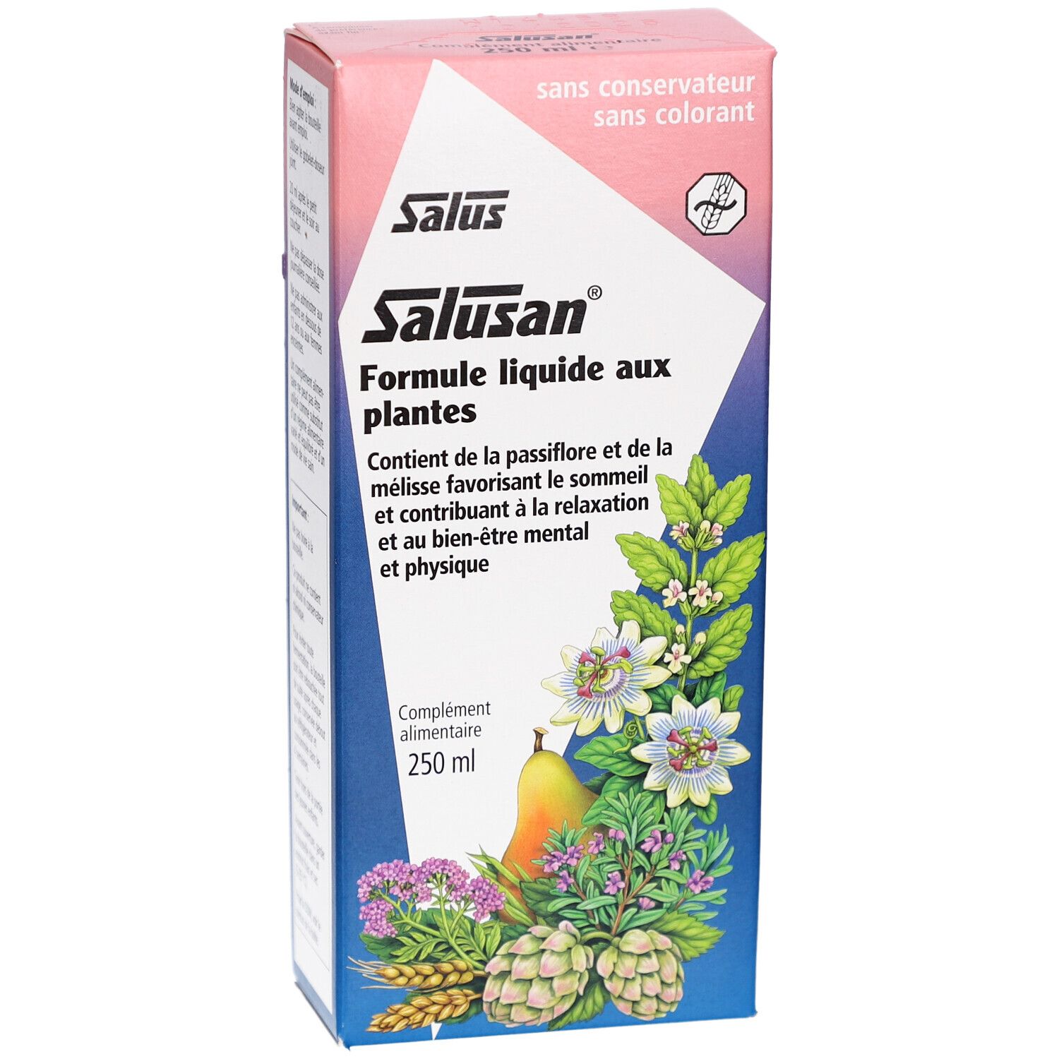 Boîte de Salusan. Inscription: Formule liquide aux plantes. Contient de la passiflore et de la mélisse. 250 ml.