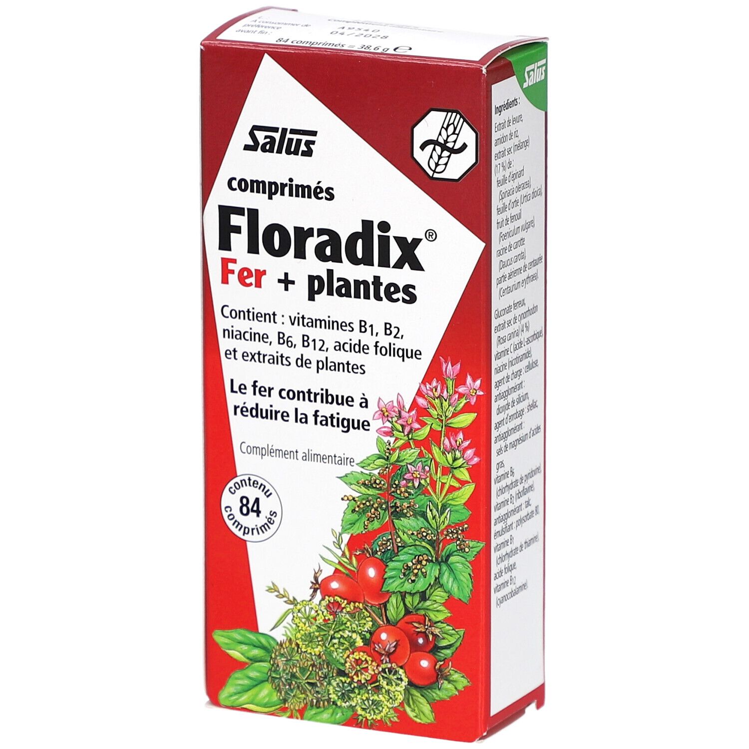Boîte rouge FLORADIX Fer + plantes comprimés. Contient vitamines et extraits de plantes. 84 comprimés.