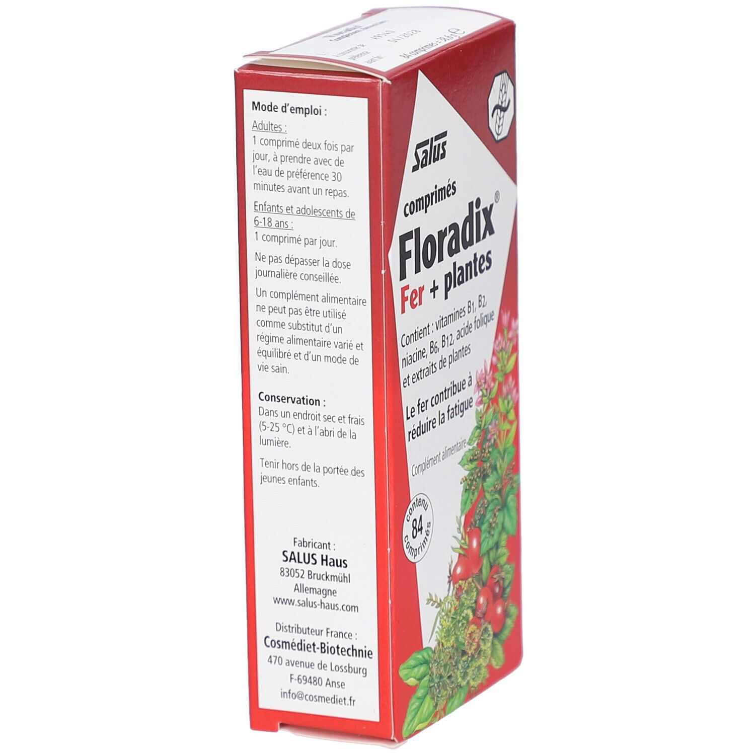 Boîte rouge FLORADIX Fer + plantes. Texte avec instructions de dosage. Logo Salus. Adresse du fabricant.