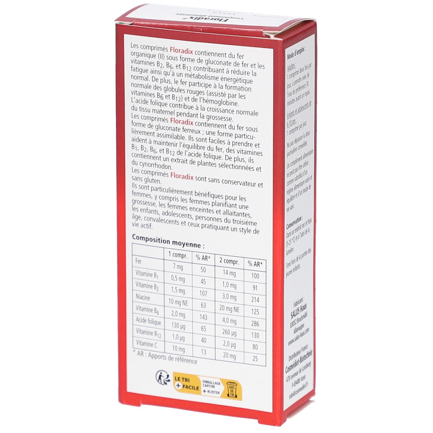 Boîte rouge FLORADIX Fer + plantes. Texte avec ingrédients et informations nutritionnelles. Logo Salus.