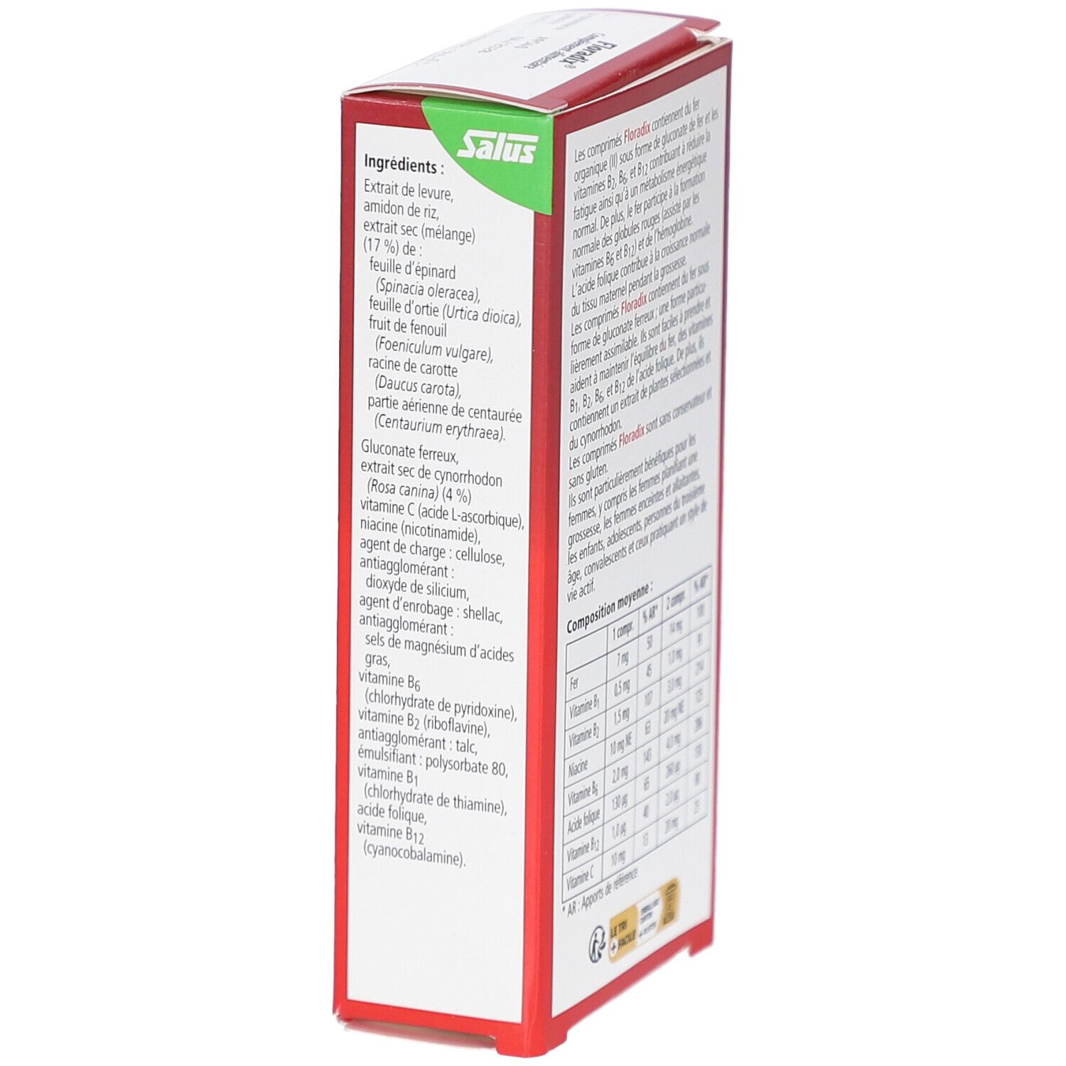 Boîte rouge FLORADIX Fer + plantes. Texte avec ingrédients. Logo Salus. Vue détaillée.