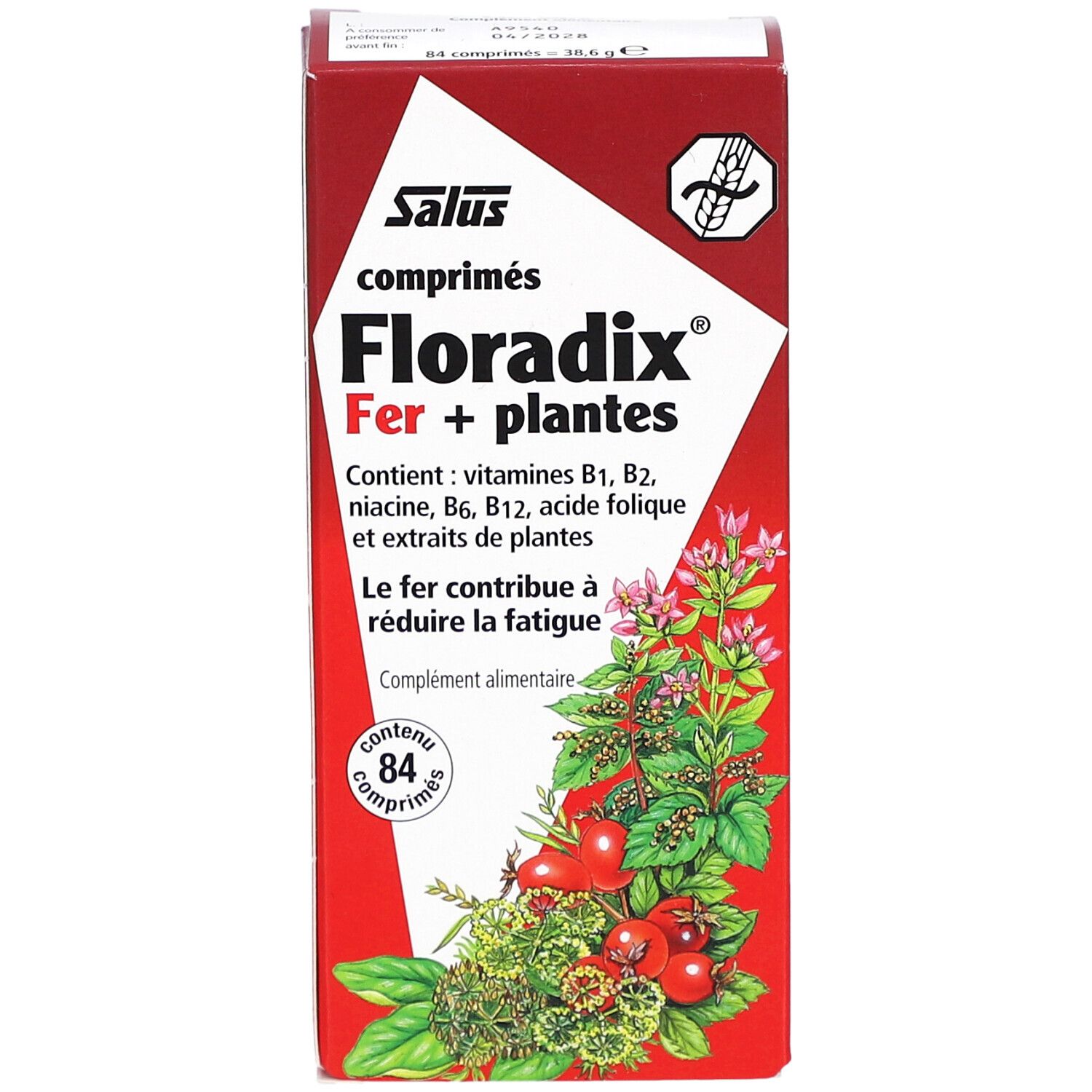 Boîte rouge FLORADIX Fer + plantes. Contient vitamines et extraits de plantes. 84 comprimés. Logo Salus.