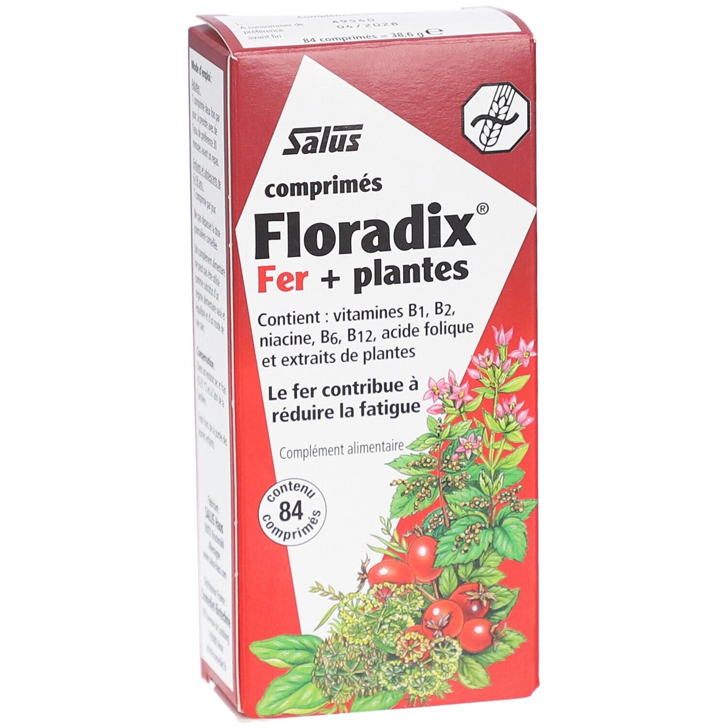 Boîte rouge FLORADIX Fer + plantes. Contient vitamines et extraits de plantes. 84 comprimés. Logo Salus.