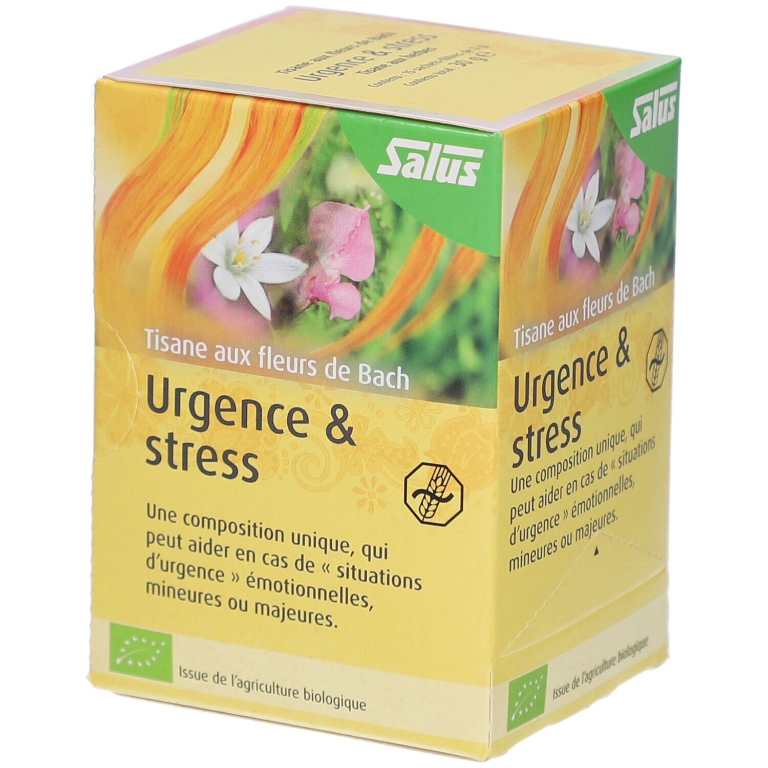 Boîte jaune avec motif floral. Texte : Urgence & stress, Salus. Label bio. Inscriptions en français.