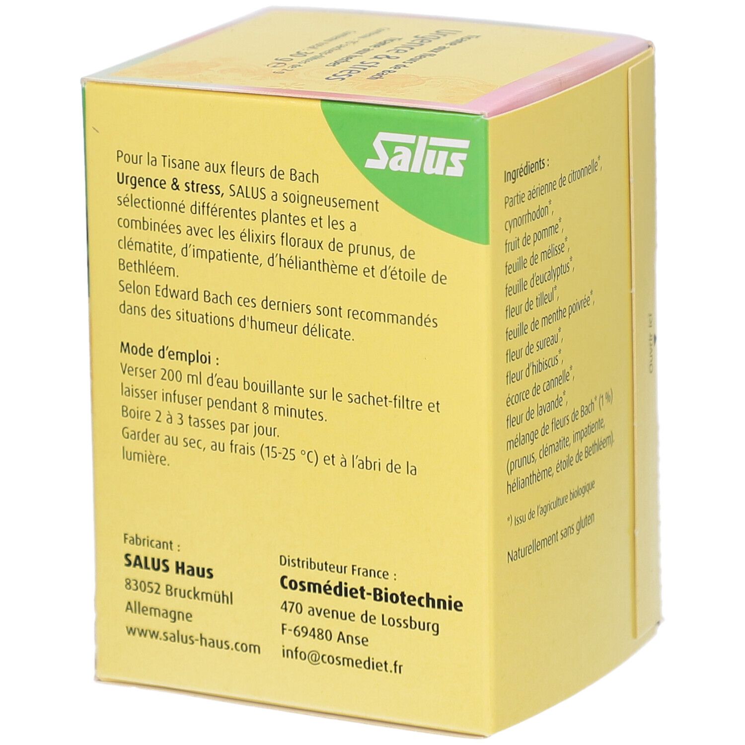 Dos de boîte jaune avec texte. Texte : Urgence & stress, Salus. Informations fabricant et distributeur. Français.