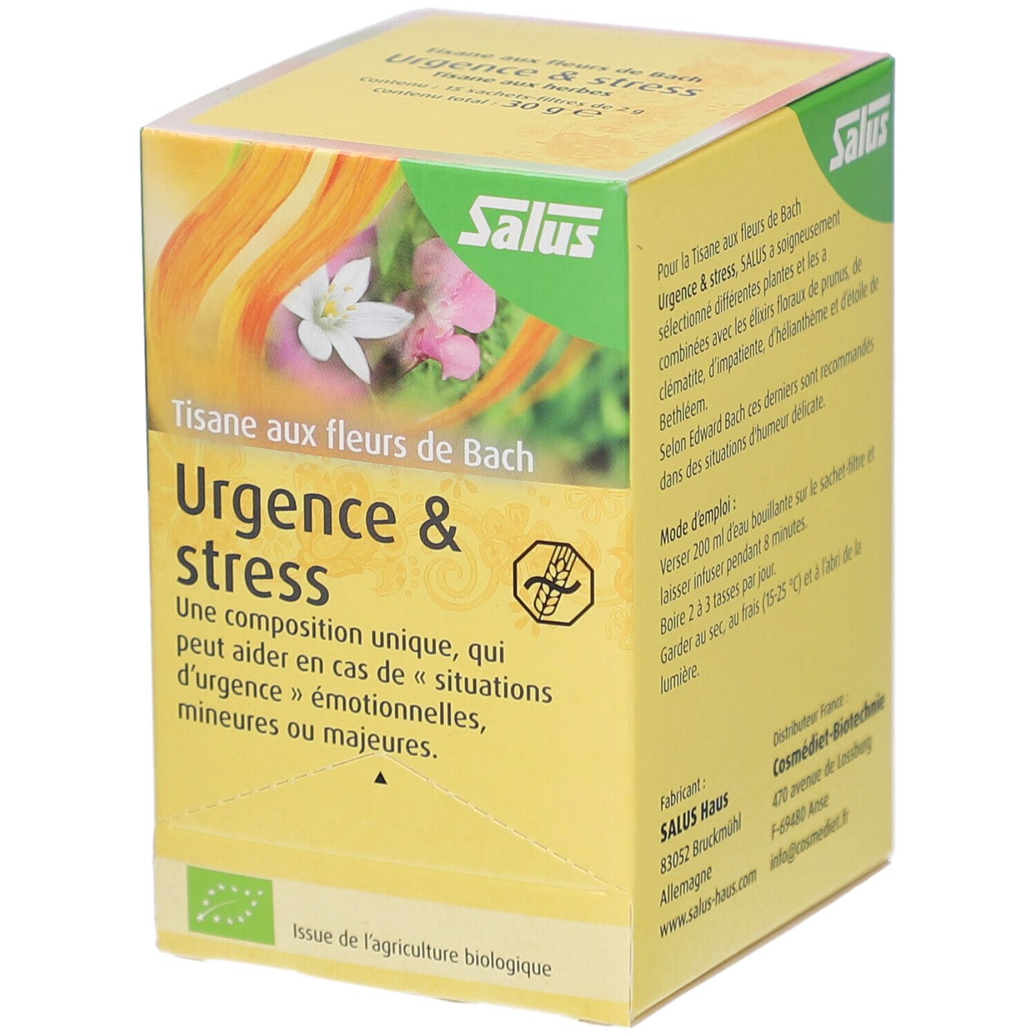 Boîte jaune avec motif floral. Texte : Urgence & stress, Salus. Label bio. Inscriptions en français.