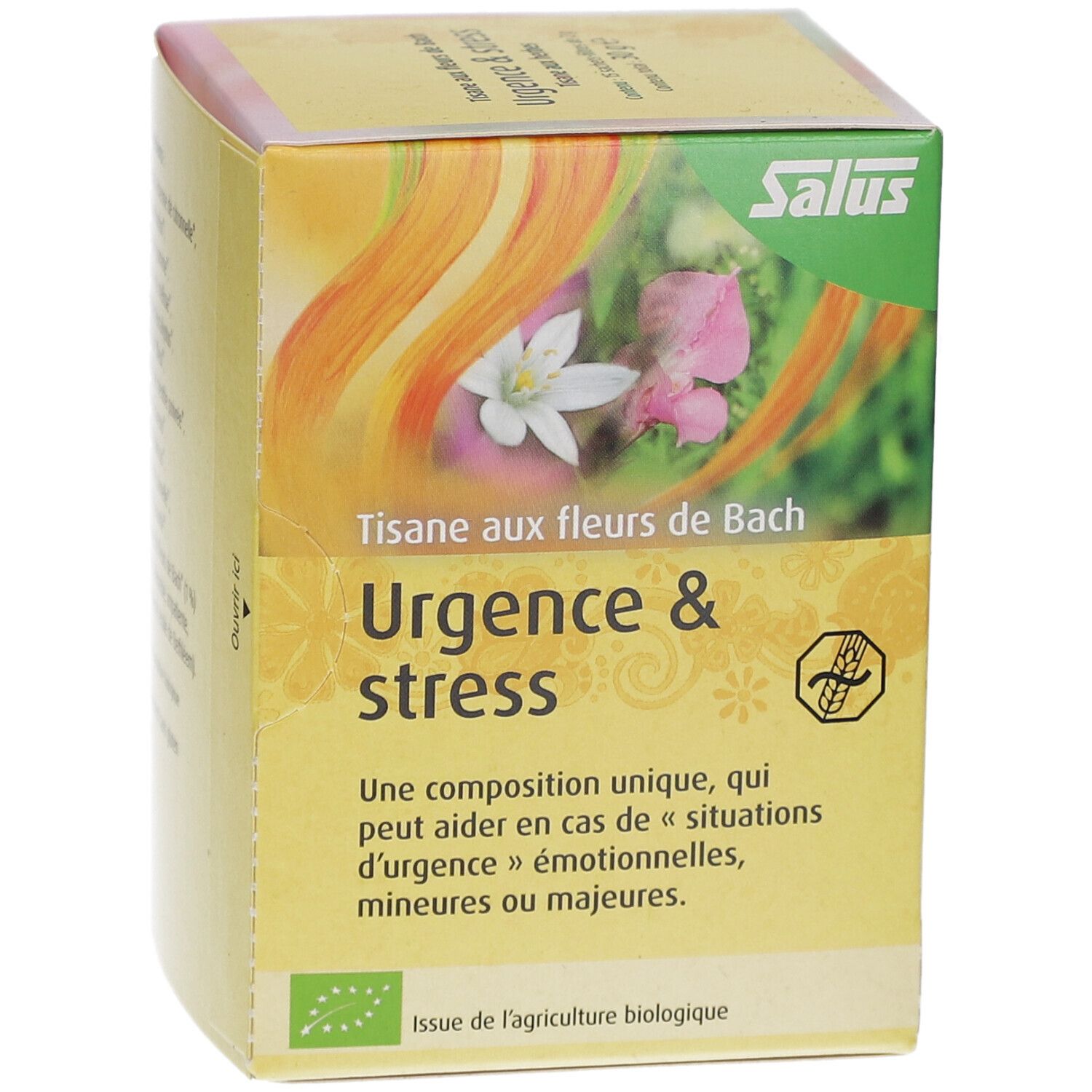 Boîte jaune avec motif floral. Texte : Urgence & stress, Salus. Label bio. Inscriptions en français.