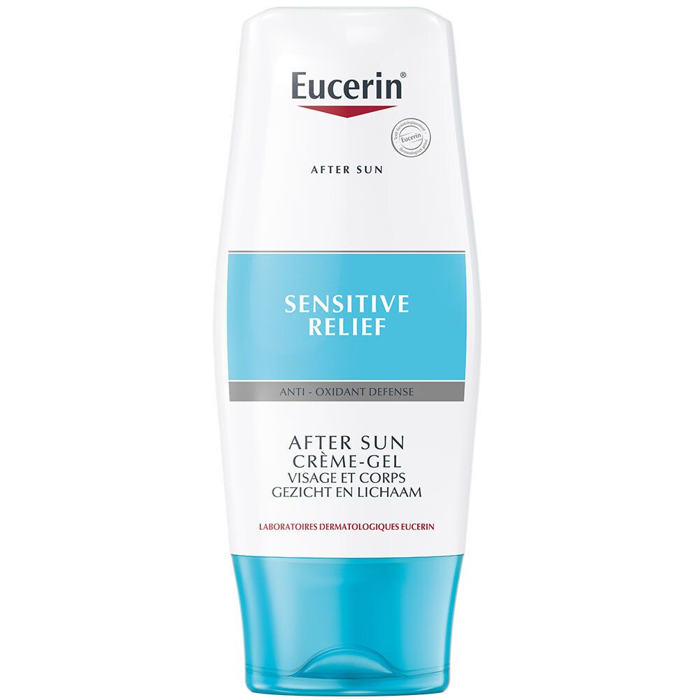 Tube blanche et bleue "SENSITIVE RELIEF" et "AFTER SUN". Marque Eucerin.