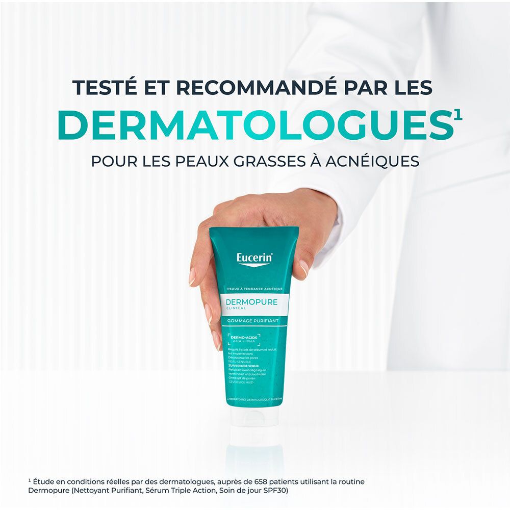 Eucerin DermoPure Peeling. Texte: Testé et recommandé par les dermatologues.