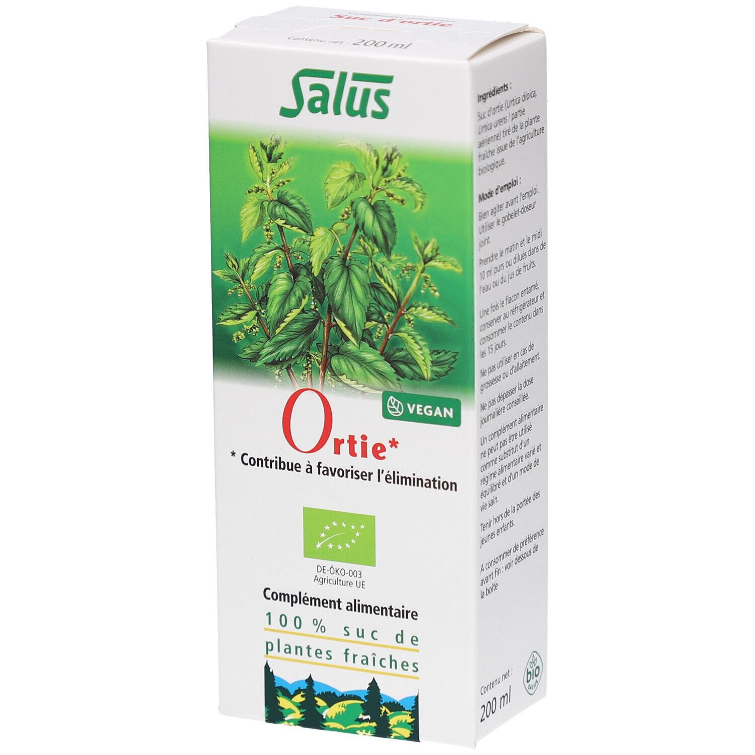 Boîte avec image et texte. Logo Salus en haut à gauche. Texte en bas : Ortie*, contribue à l'élimination. Label bio.