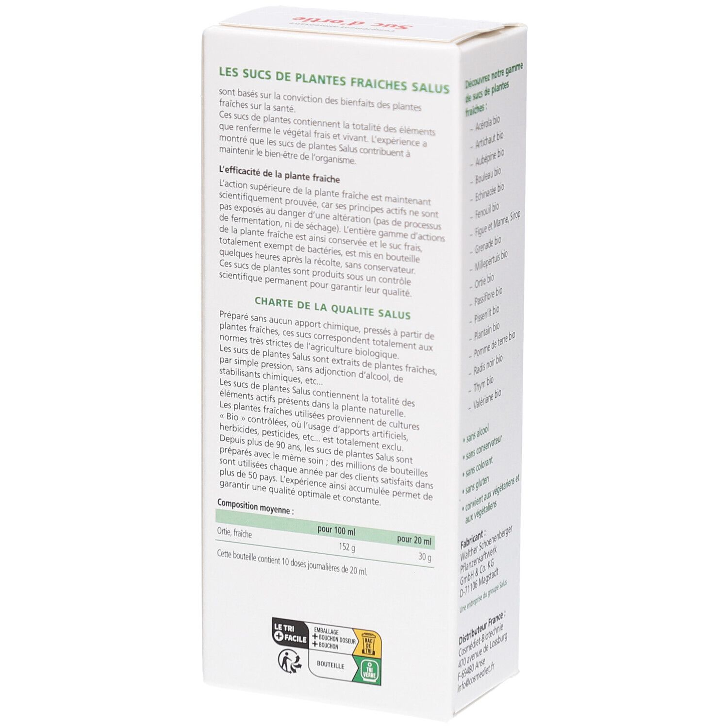 Boîte avec texte. Texte sur la qualité du produit. En bas : Valeurs d'analyse.