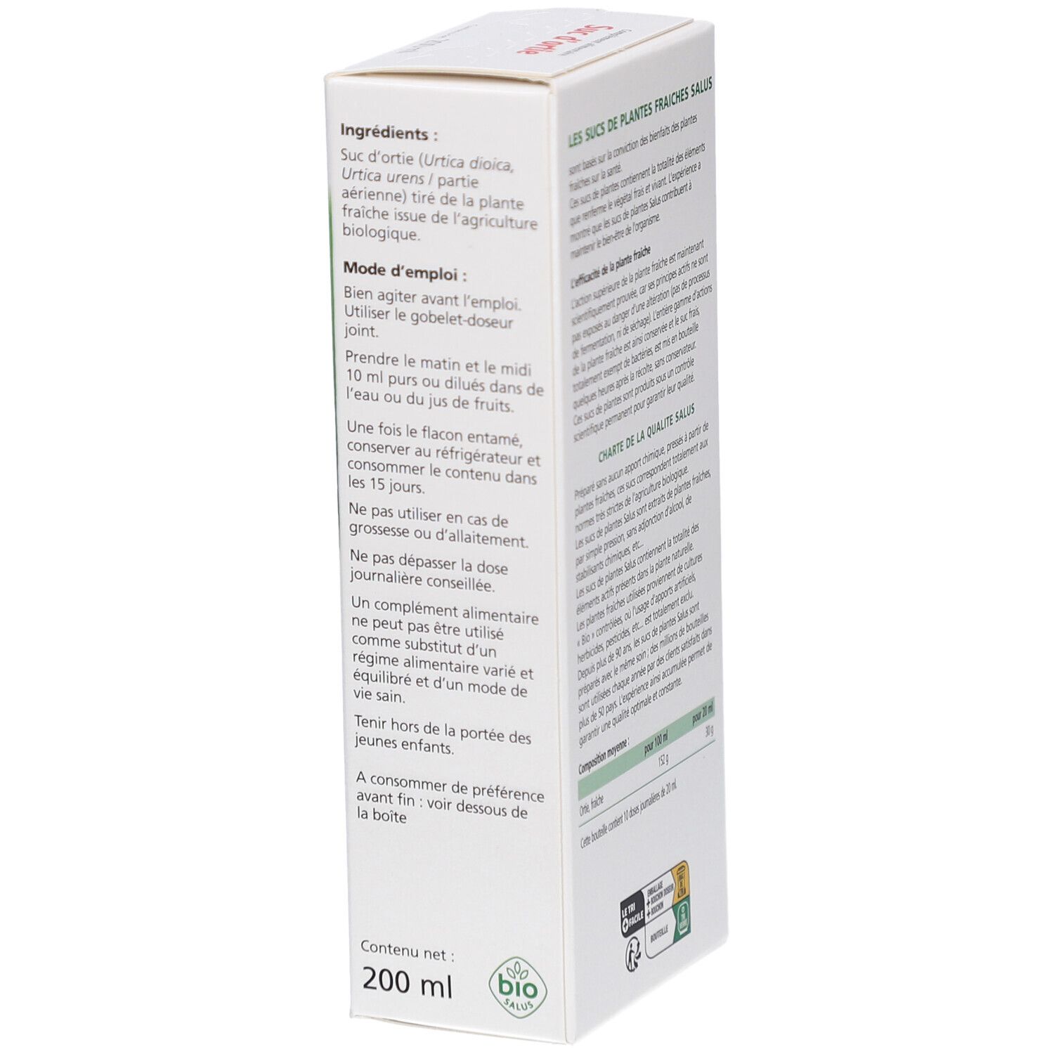 Boîte avec texte. Ingrédients, mode d'emploi. En bas : Contenu, label bio.