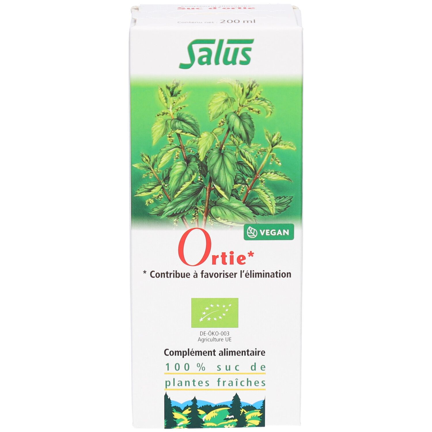 Boîte avec image et texte. Logo Salus en haut à gauche. Texte en bas : Ortie*, contribue à l'élimination. Label bio.