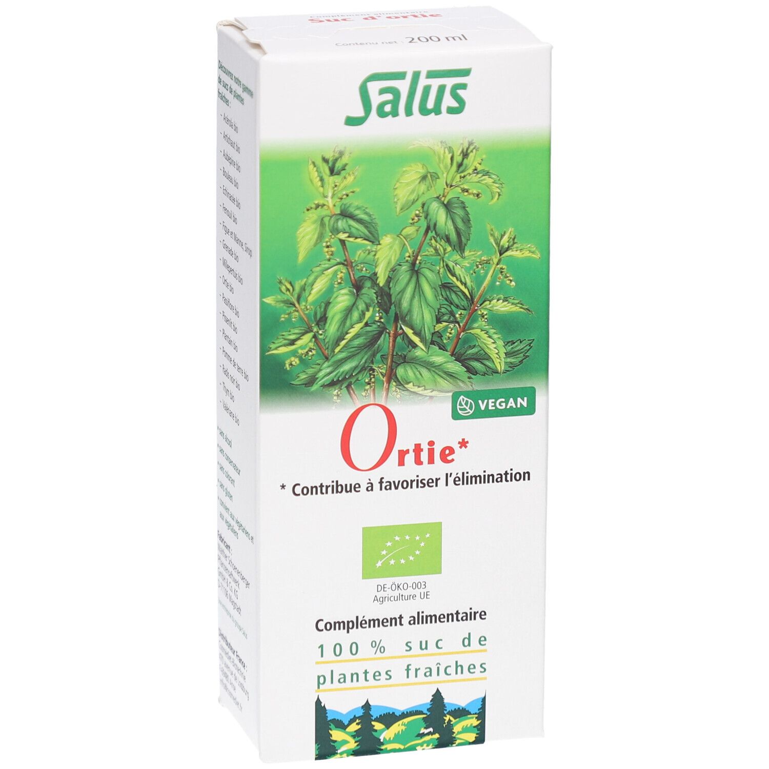Boîte avec image et texte. Logo Salus en haut à gauche. Texte en bas : Ortie*, contribue à l'élimination. Label bio.