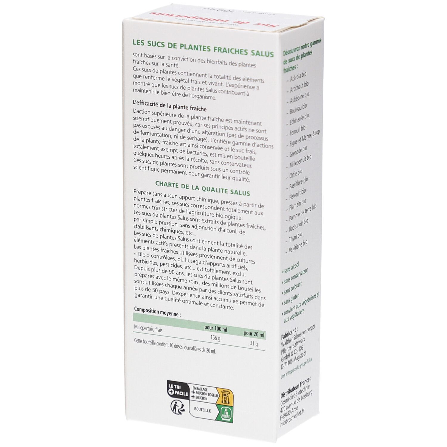 Boîte, dos avec texte. Informations qualité, ingrédients, label bio.