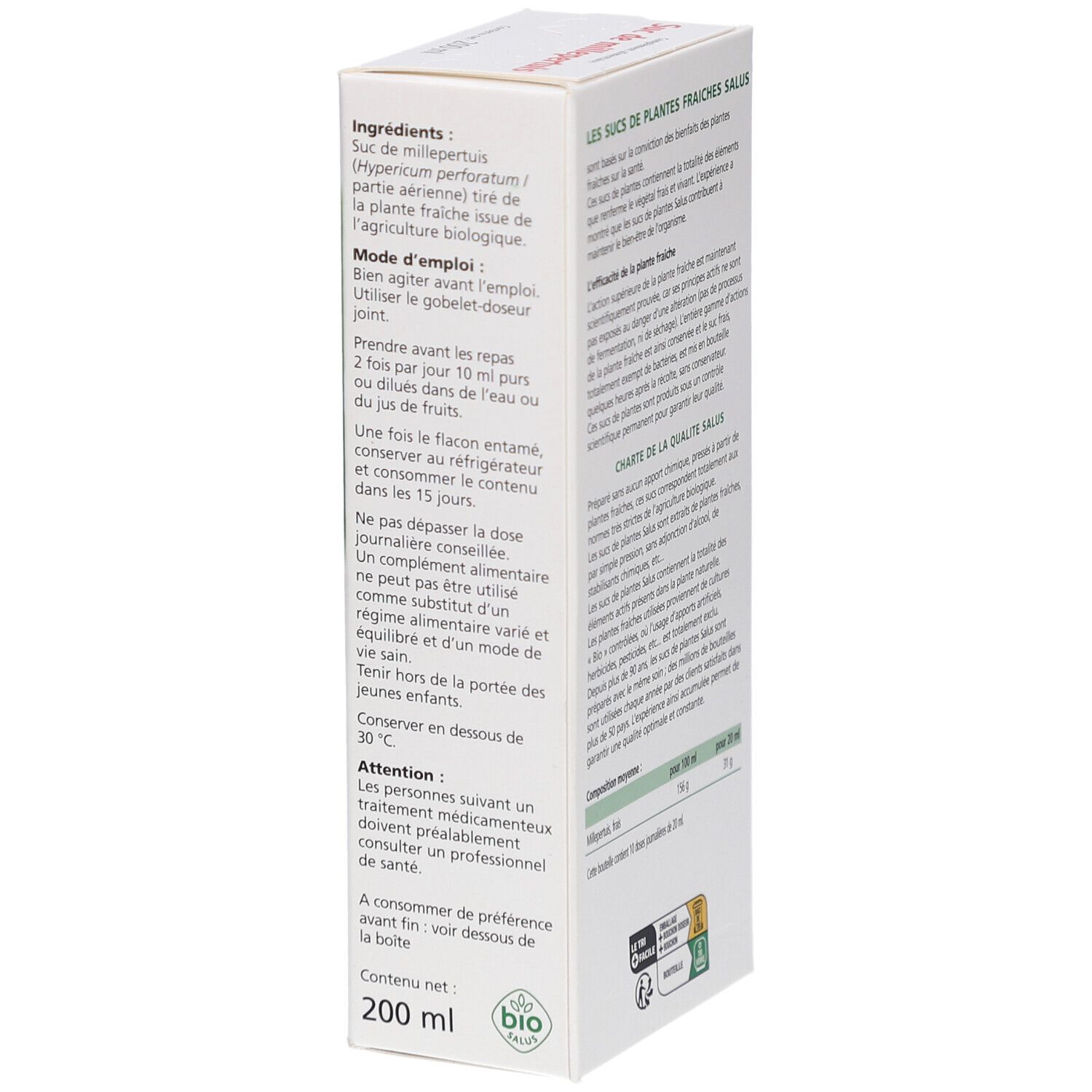 Boîte, texte sur ingrédients et utilisation. Label bio, 200 ml.