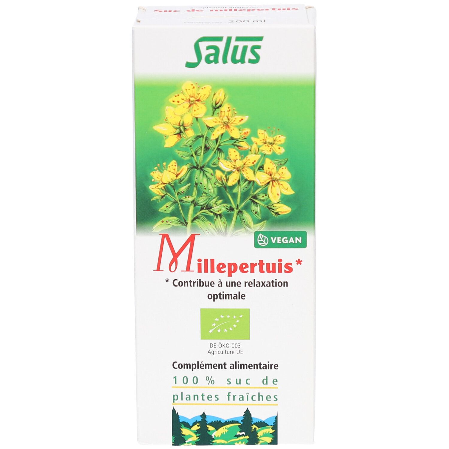 Boîte, face avant. Logo Salus, nom du produit Millepertuis, label bio, vegan.