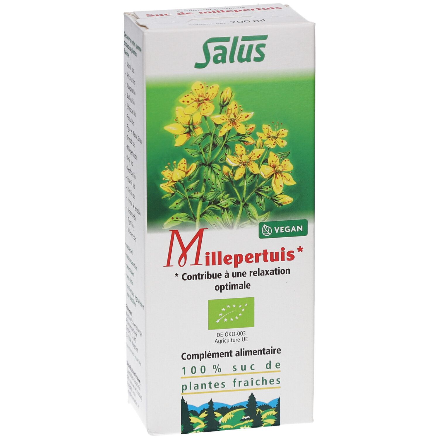 Boîte, face avant. Logo Salus, nom du produit Millepertuis, label bio, vegan.