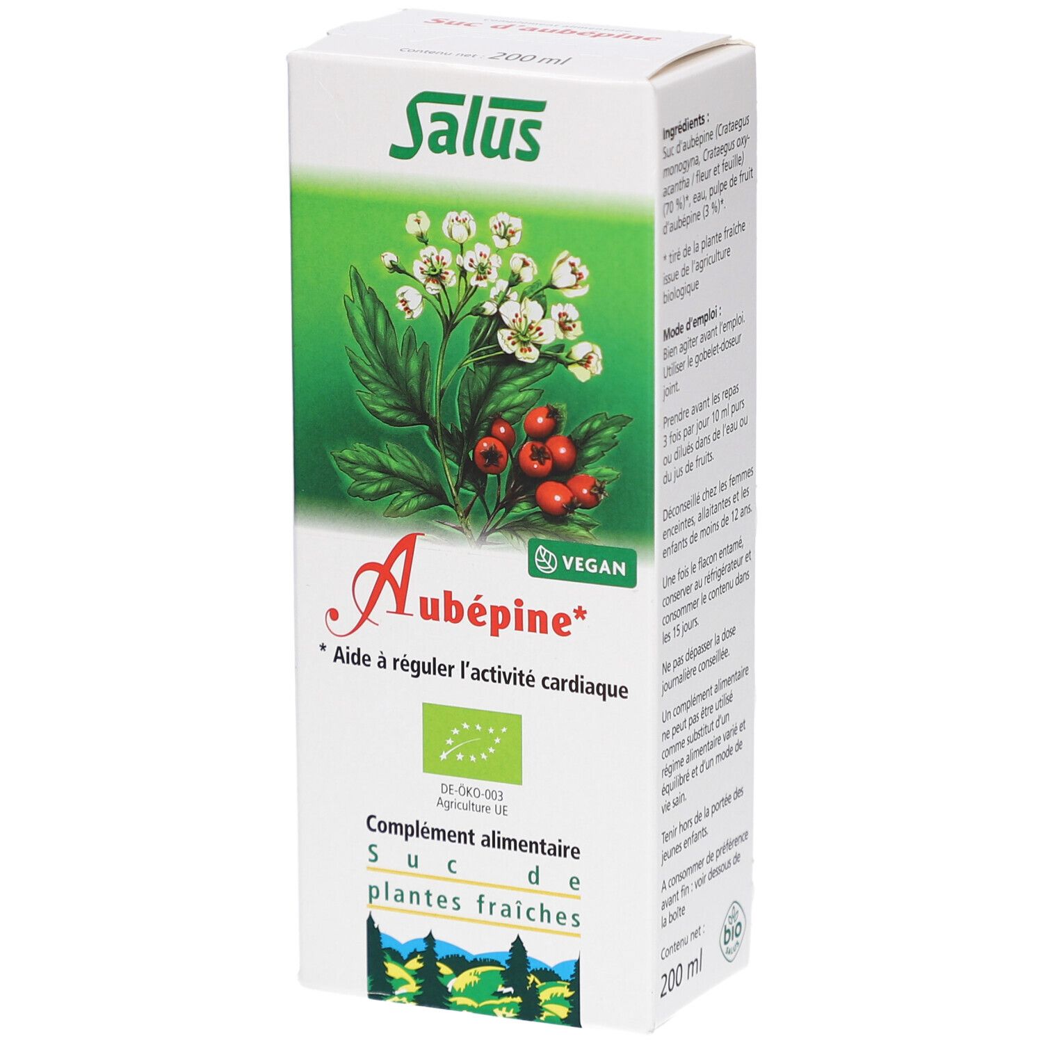 Boîte de complément alimentaire Aubépine. Logo Salus, illustration de fleurs et baies, texte et certification bio. Contenu 200 ml.