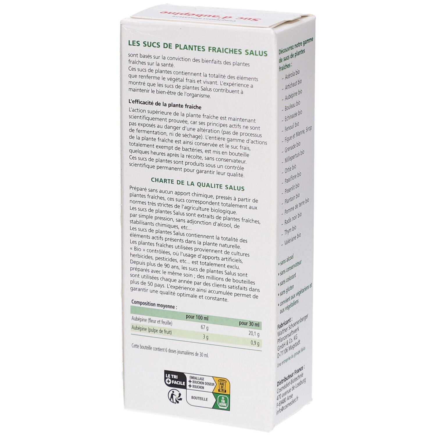 Dos de la boîte Aubépine. Texte sur les bienfaits du produit, tableau de qualité Salus, ingrédients et informations nutritionnelles.