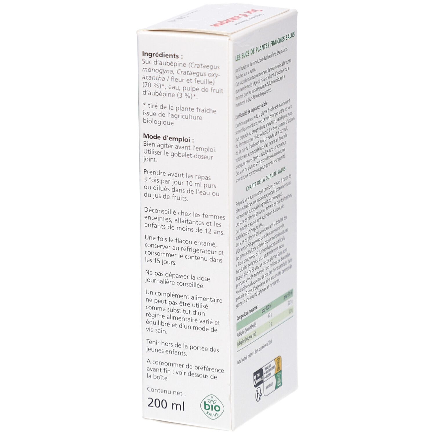 Côté de la boîte Aubépine avec ingrédients, mode d'emploi, avertissements et informations nutritionnelles. Contenu 200 ml.