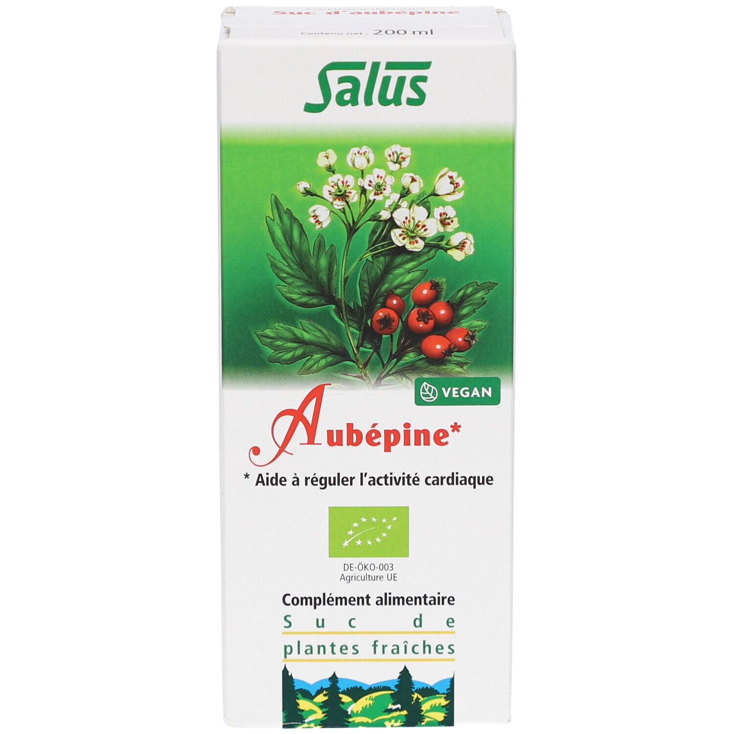 Vue de face de la boîte Aubépine. Logo Salus, nom du produit, illustration de fleurs et baies, certification bio.