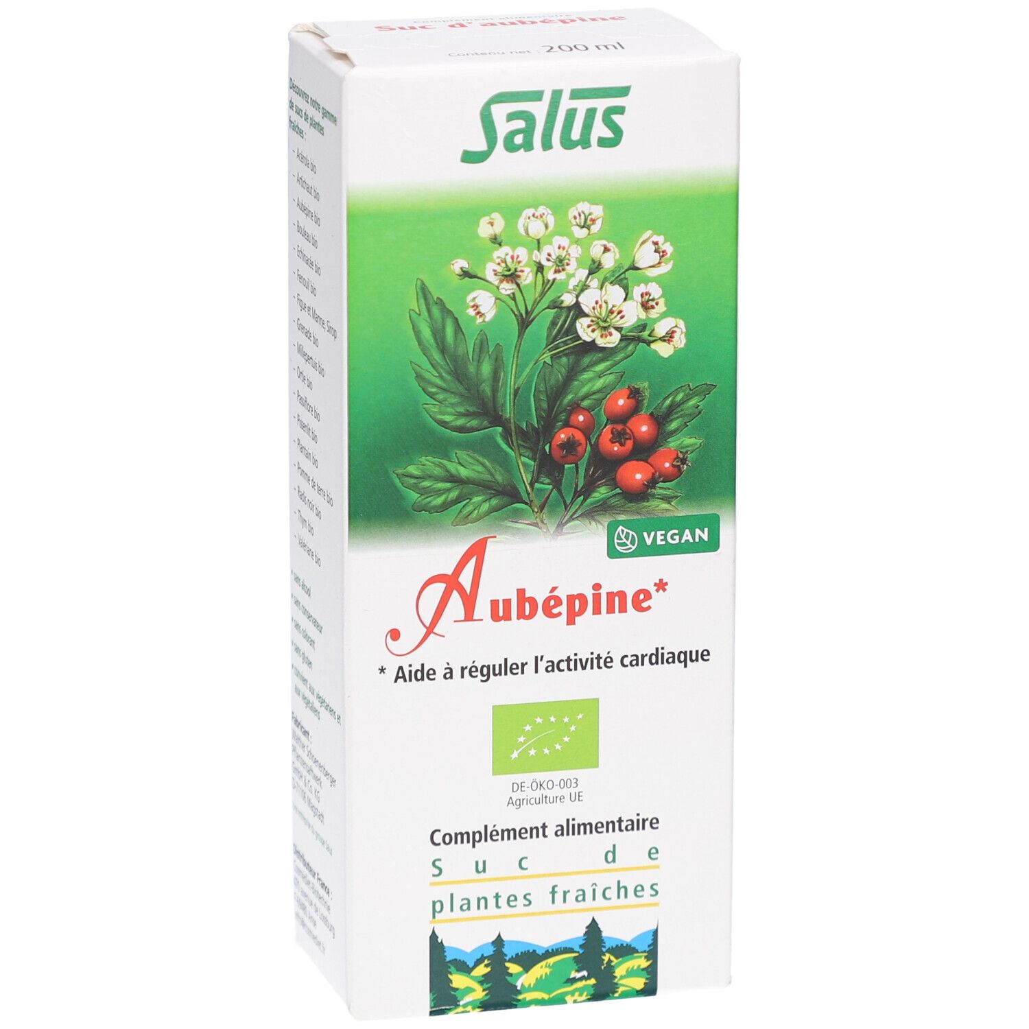 Vue de face de la boîte Aubépine. Logo Salus, nom du produit, illustration de fleurs et baies, certification bio.