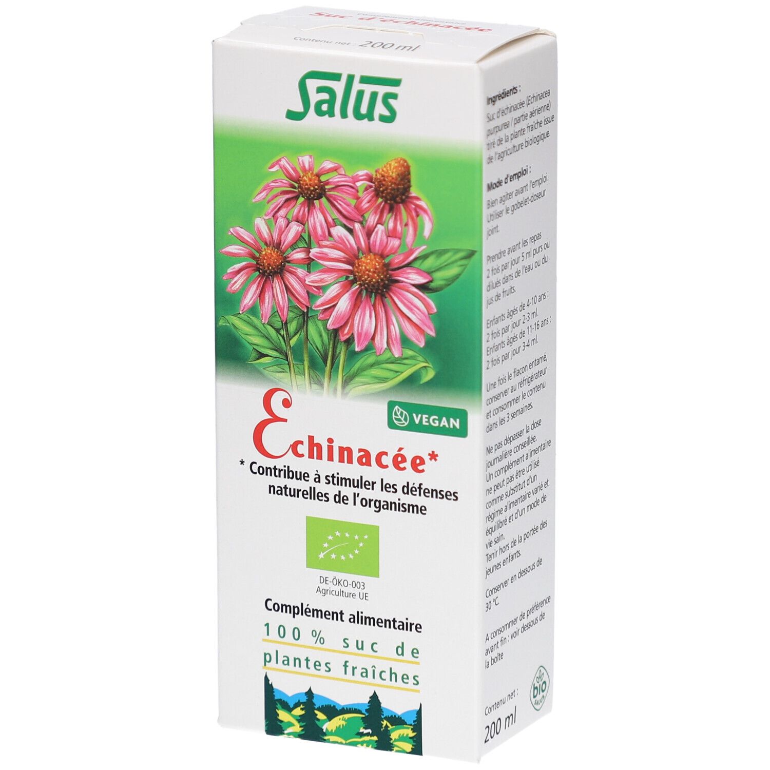 Boîte blanche avec image et texte du produit. Logo Salus. Produit Echinacée. Label Vegan. Certification bio. 200 ml.