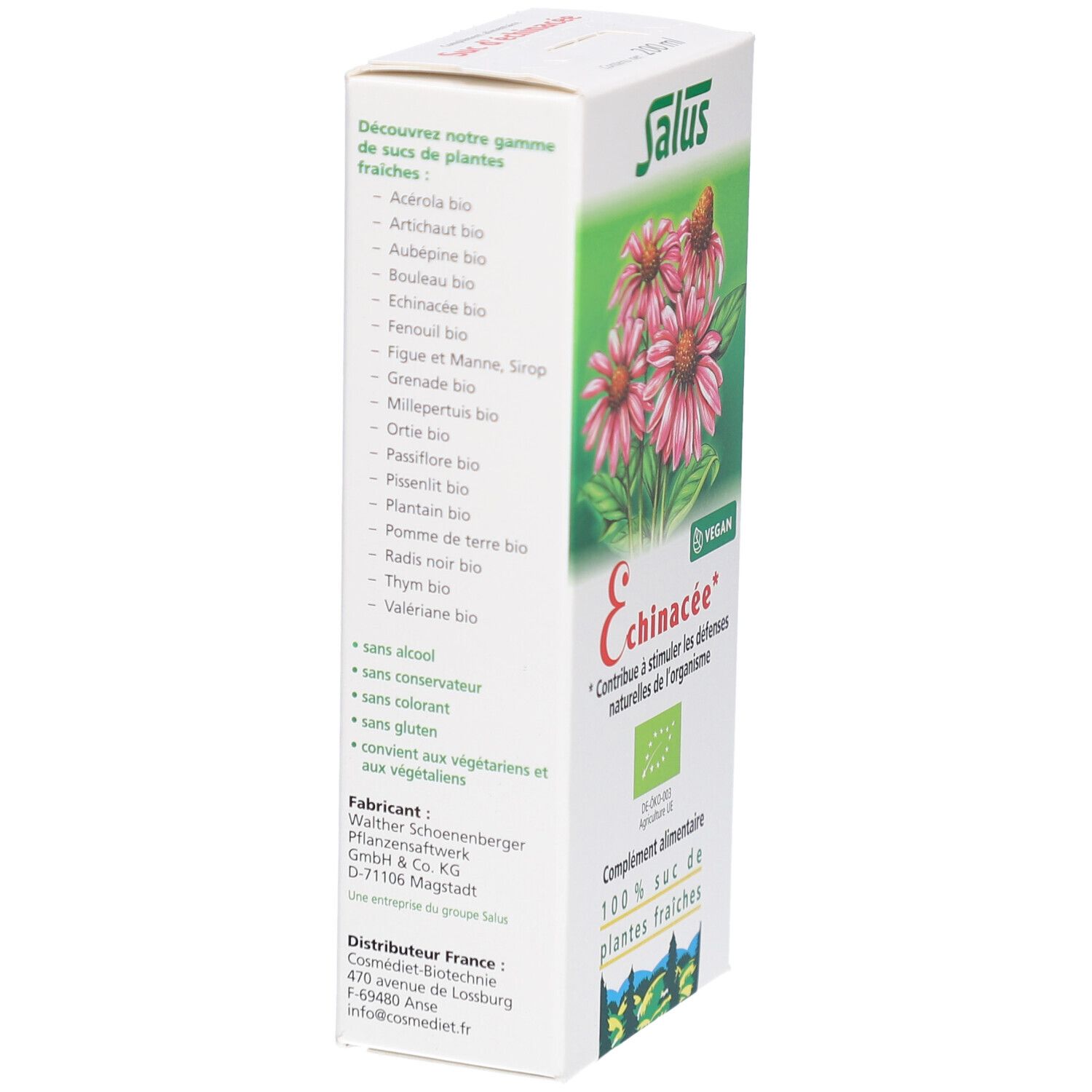 Boîte blanche, vue latérale. Logo Salus. Image du produit Echinacée. Liste des ingrédients. Informations fabricant et distributeur.