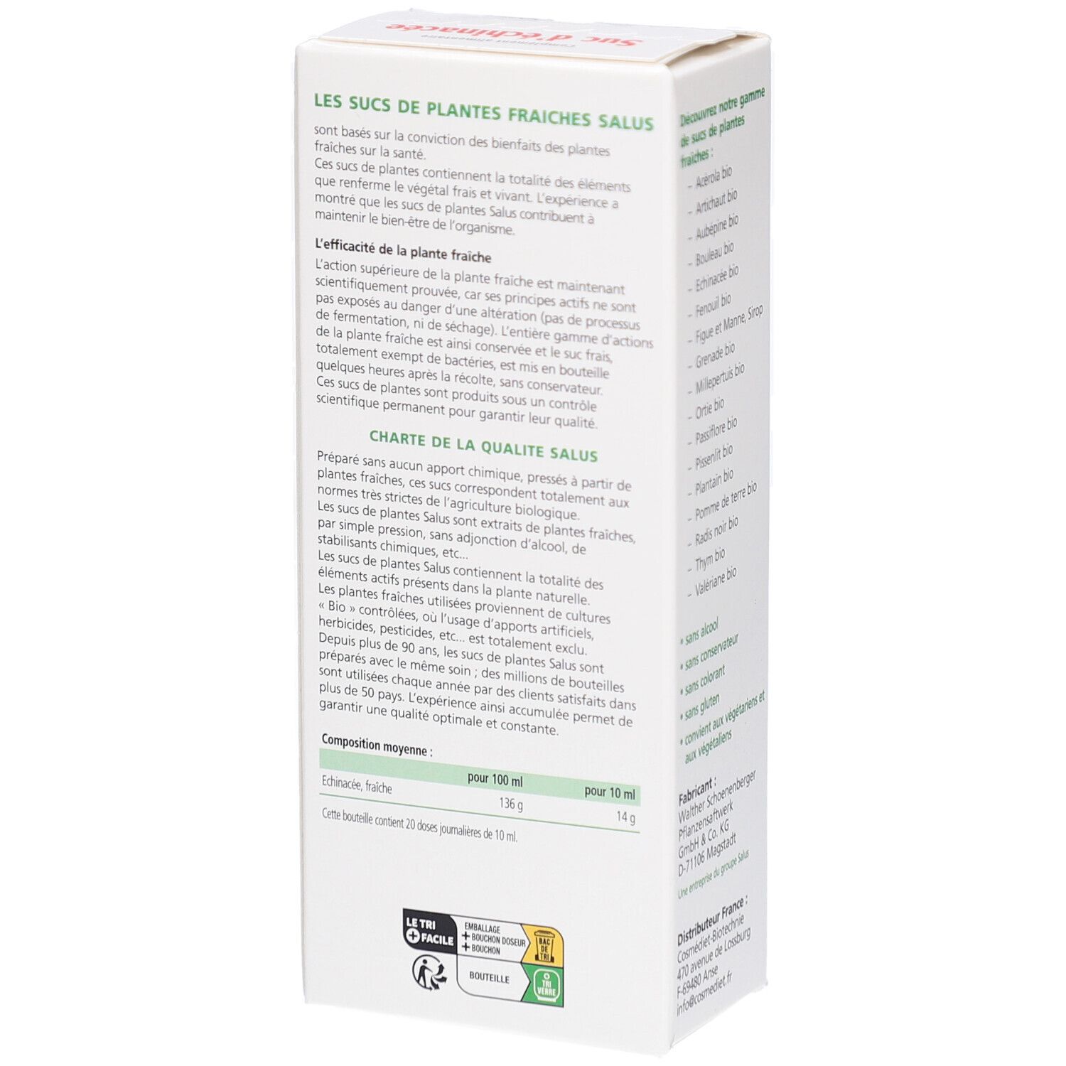 Boîte blanche, texte sur le côté. Informations sur la qualité des jus. Ingrédients et valeurs nutritionnelles. Certification bio.